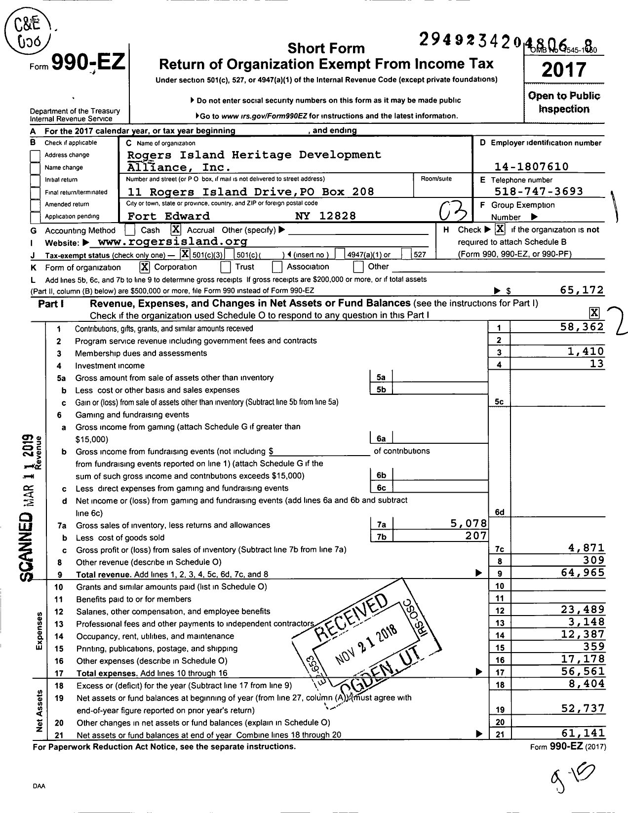 Image of first page of 2017 Form 990EZ for Rogers Island Heritage Development Alliance