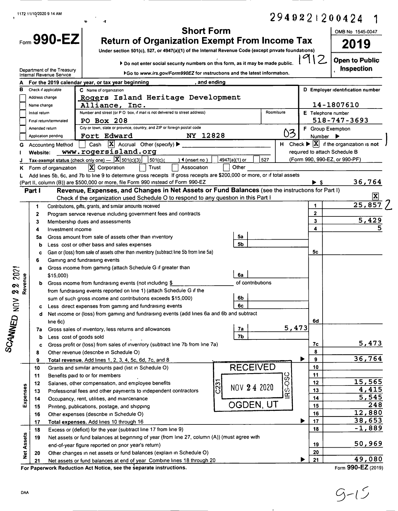 Image of first page of 2019 Form 990EZ for Rogers Island Heritage Development Alliance