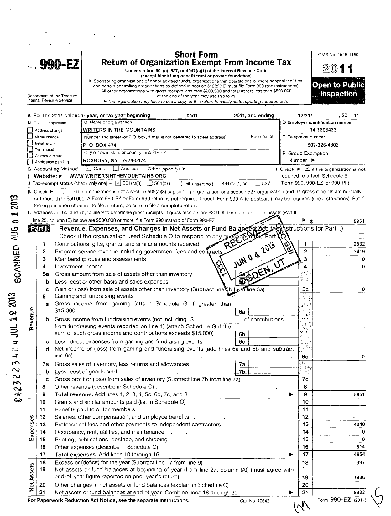 Image of first page of 2011 Form 990EZ for Writers in the Mountains