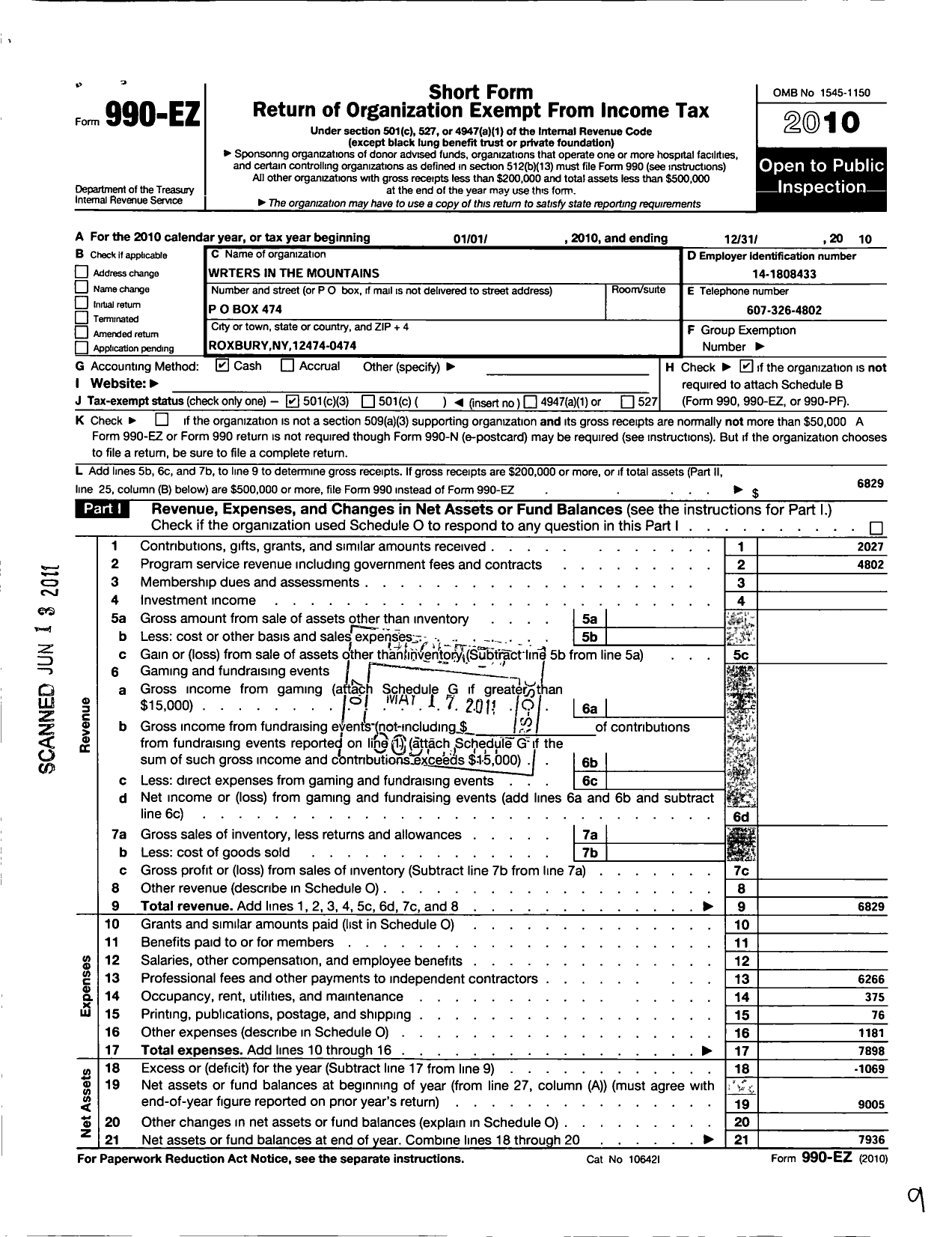 Image of first page of 2010 Form 990EZ for Writers in the Mountains