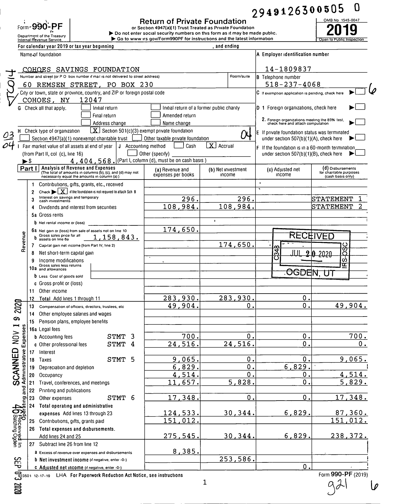 Image of first page of 2019 Form 990PF for Cohoes Savings Foundation