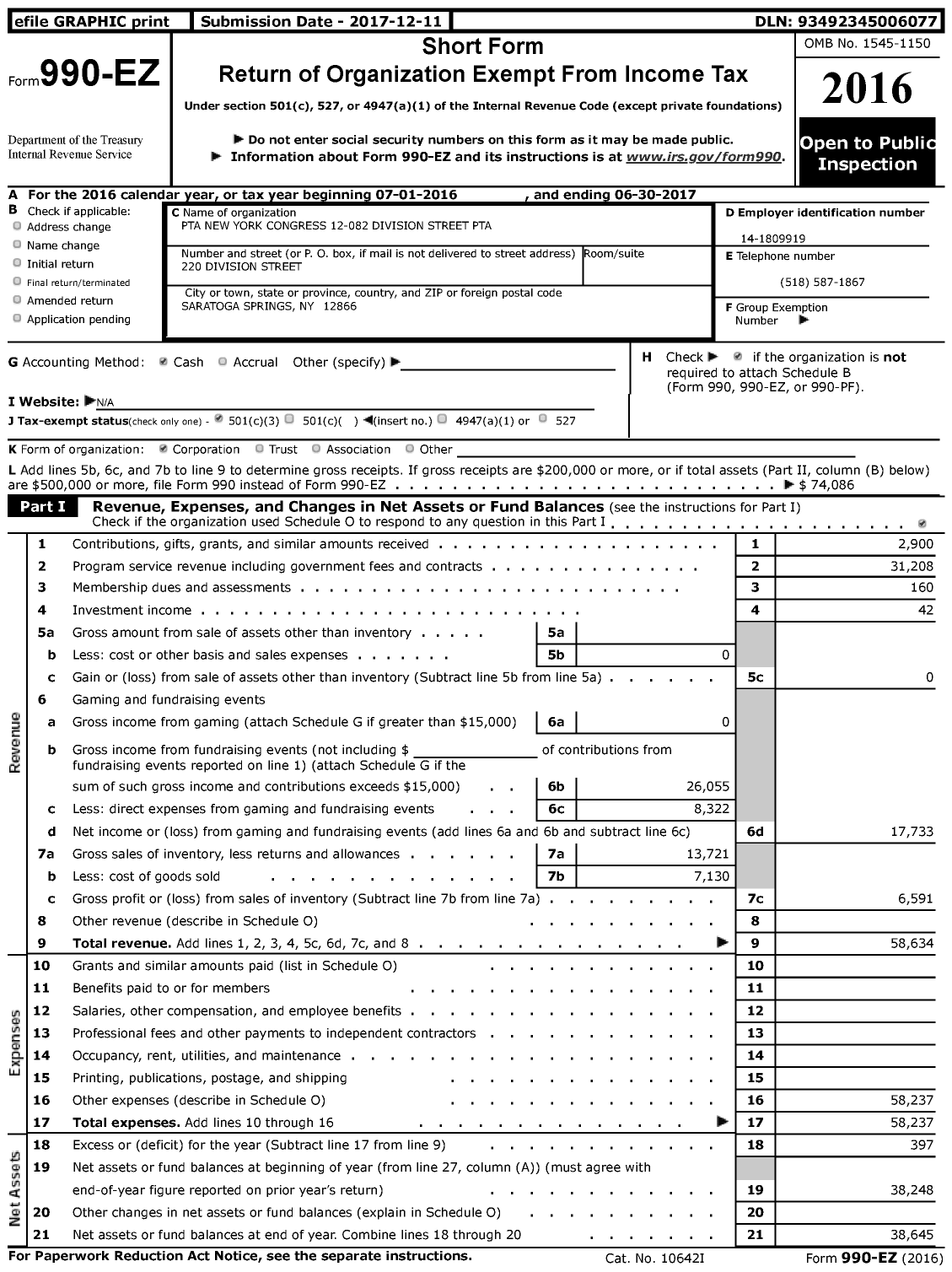Image of first page of 2016 Form 990EZ for New York State PTA - 12-082 Division Street PTA