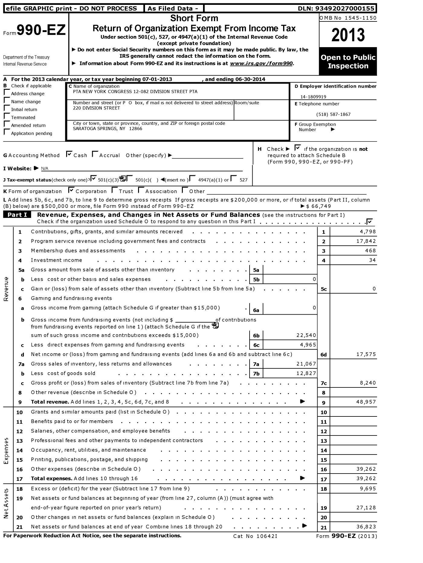 Image of first page of 2013 Form 990EZ for New York State PTA - 12-082 Division Street PTA
