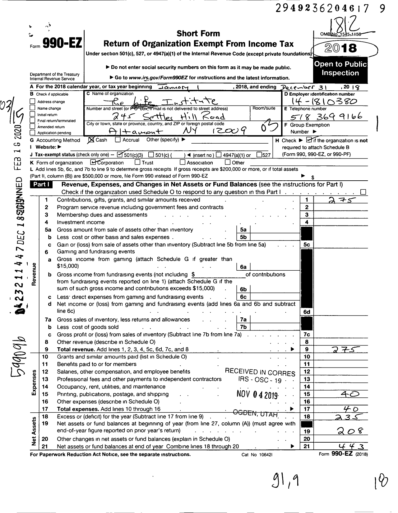 Image of first page of 2018 Form 990EZ for The Life Institute