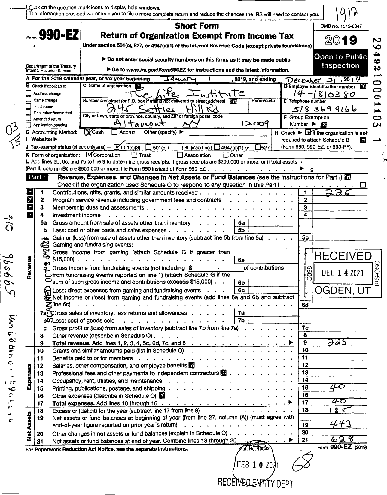 Image of first page of 2019 Form 990EZ for The Life Institute