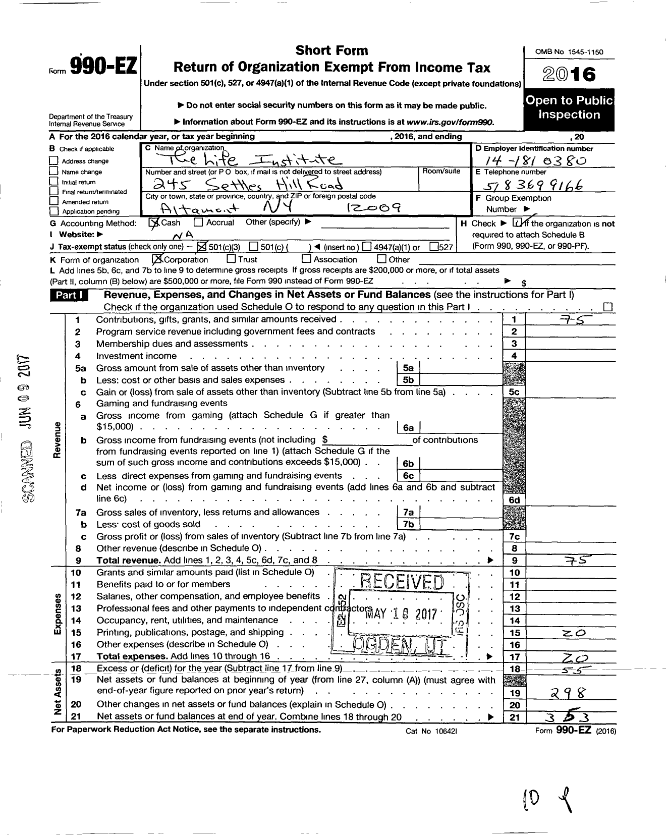 Image of first page of 2016 Form 990EZ for The Life Institute