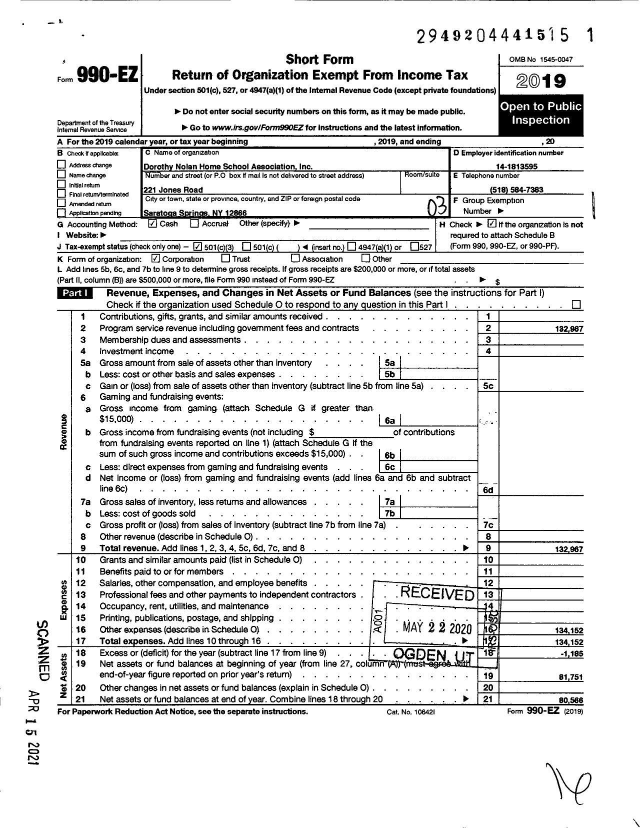 Image of first page of 2019 Form 990EZ for Dorothy Nolan Home School Association