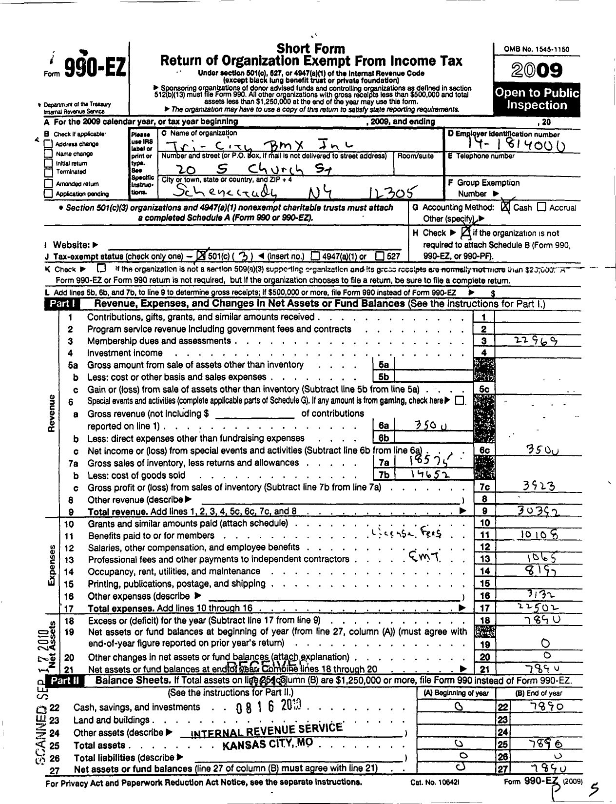 Image of first page of 2009 Form 990EZ for Tri-City BMX