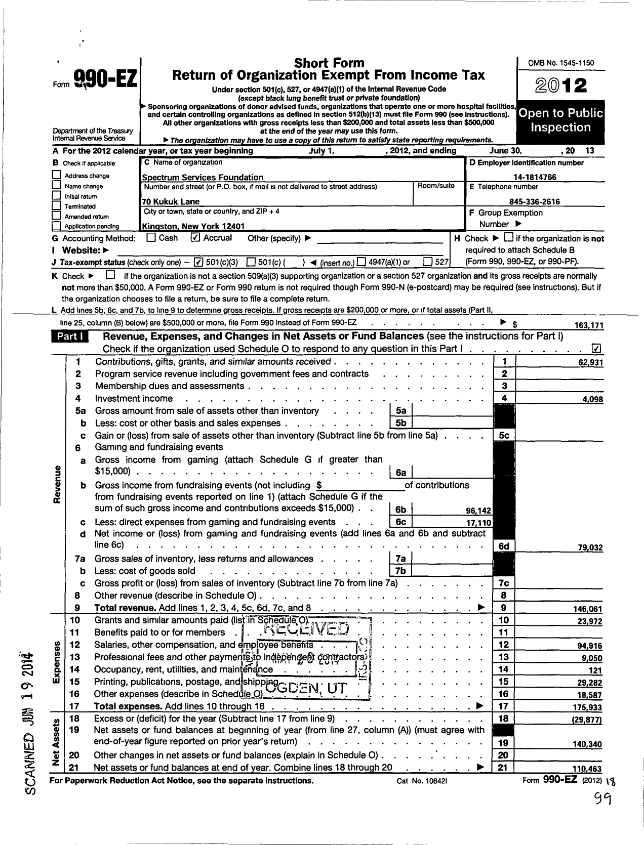 Image of first page of 2012 Form 990EZ for Spectrum Services Foundation