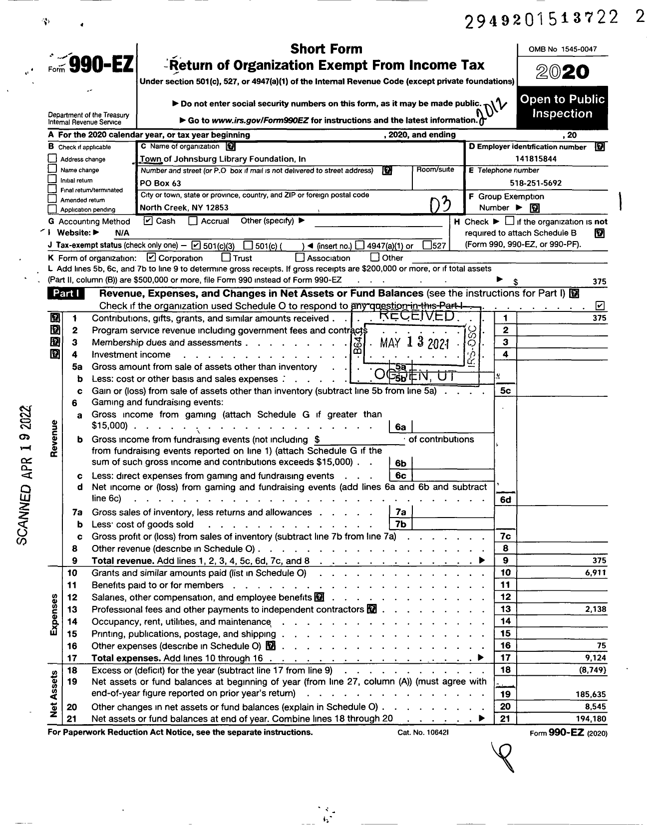 Image of first page of 2020 Form 990EZ for Town of Johnsburg Library Foundation