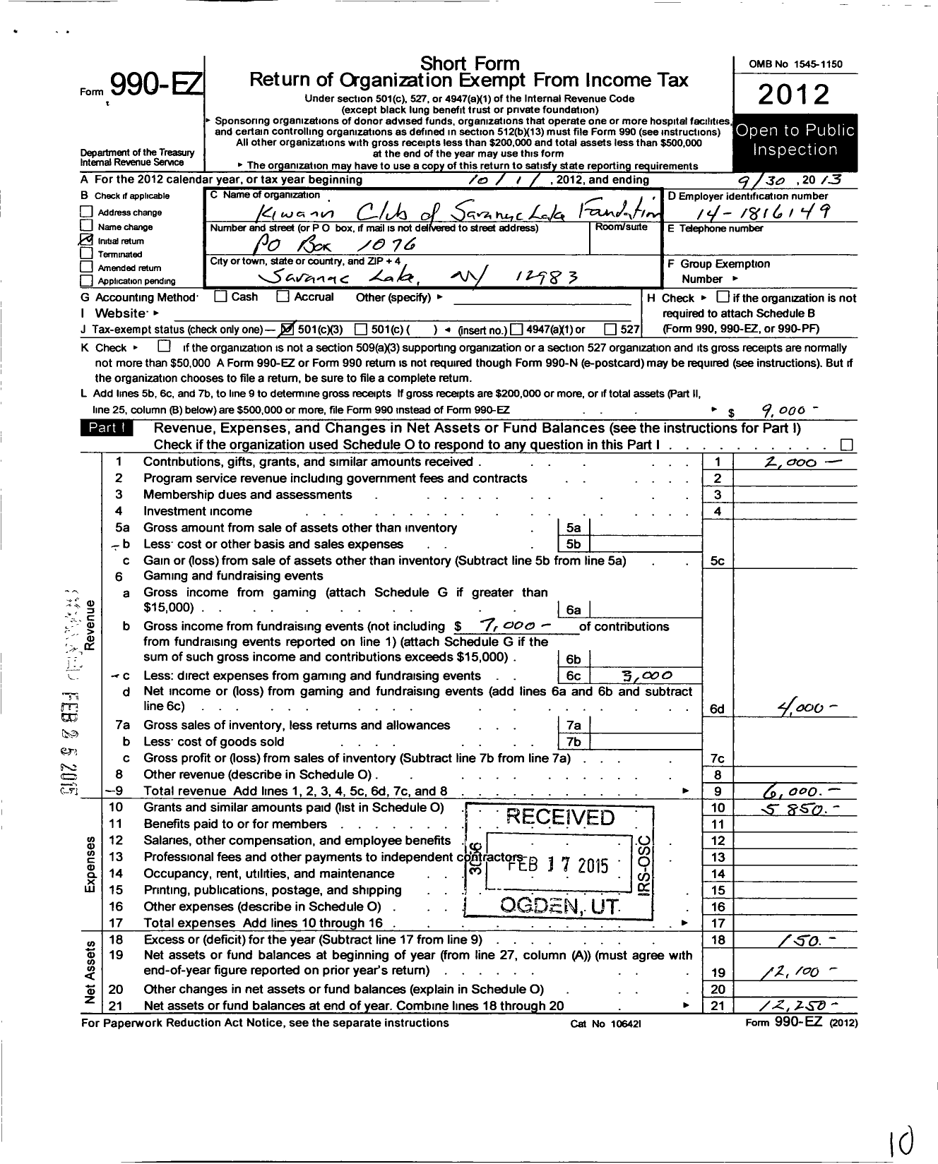 Image of first page of 2012 Form 990EZ for Kiwanis Club of Saranac Lake Foundation