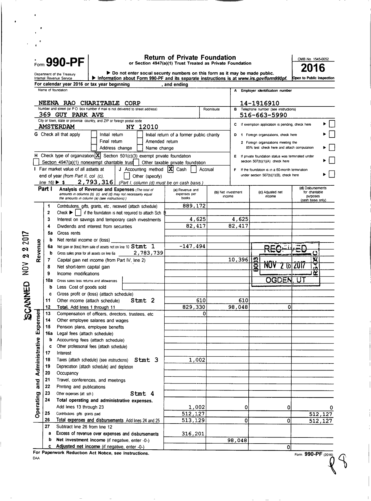 Image of first page of 2016 Form 990PF for Neena Rao Charitable Corporation