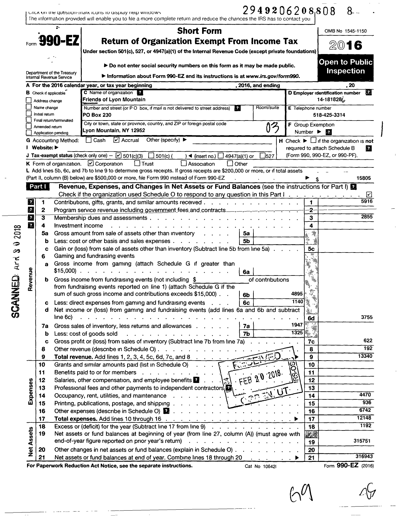 Image of first page of 2016 Form 990EZ for Friends of Lyon Mountain