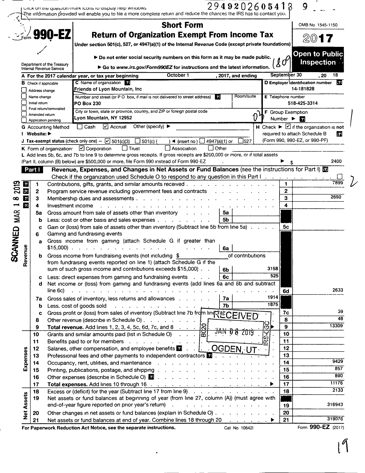 Image of first page of 2017 Form 990EZ for Friends of Lyon Mountain