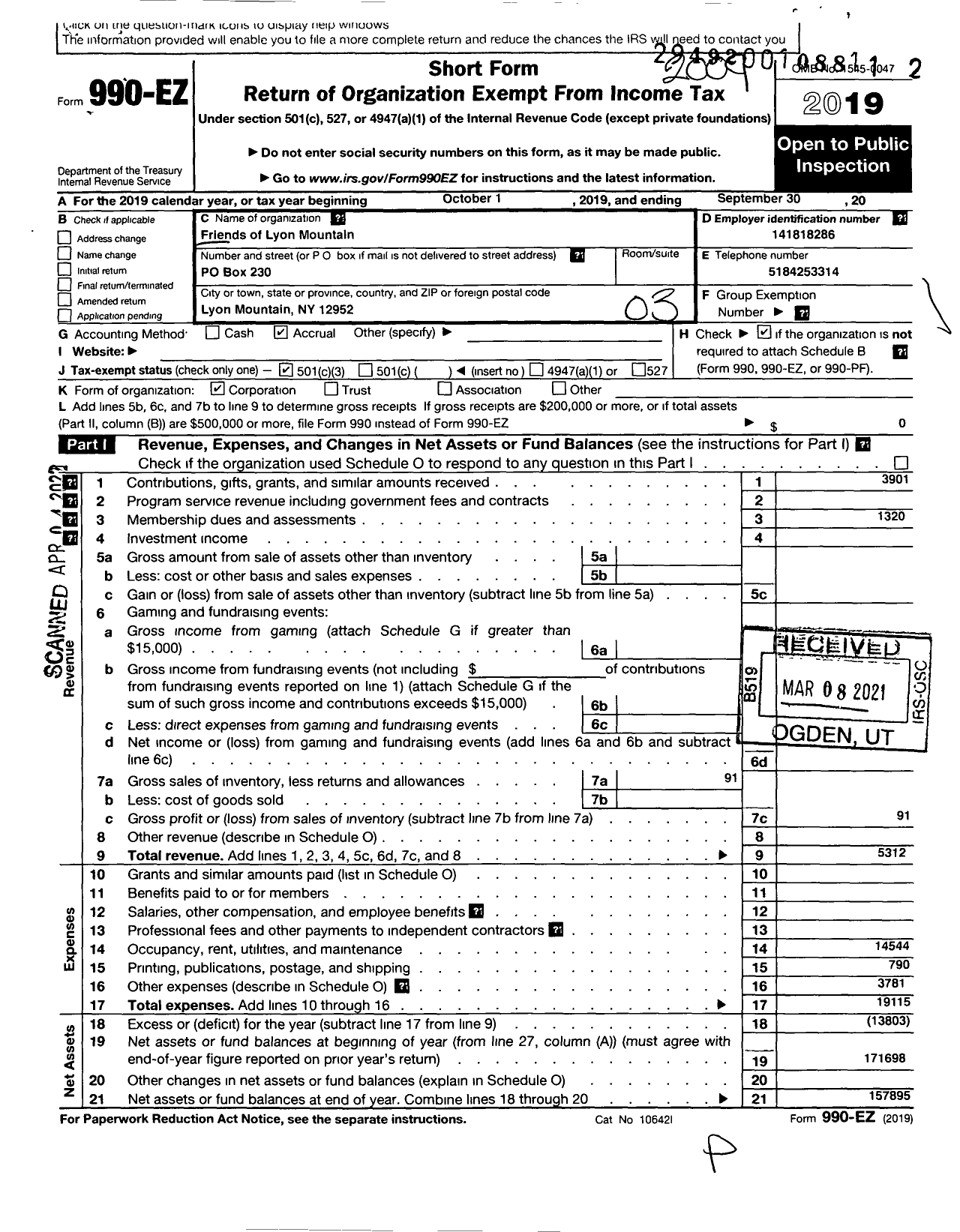 Image of first page of 2019 Form 990EZ for Friends of Lyon Mountain