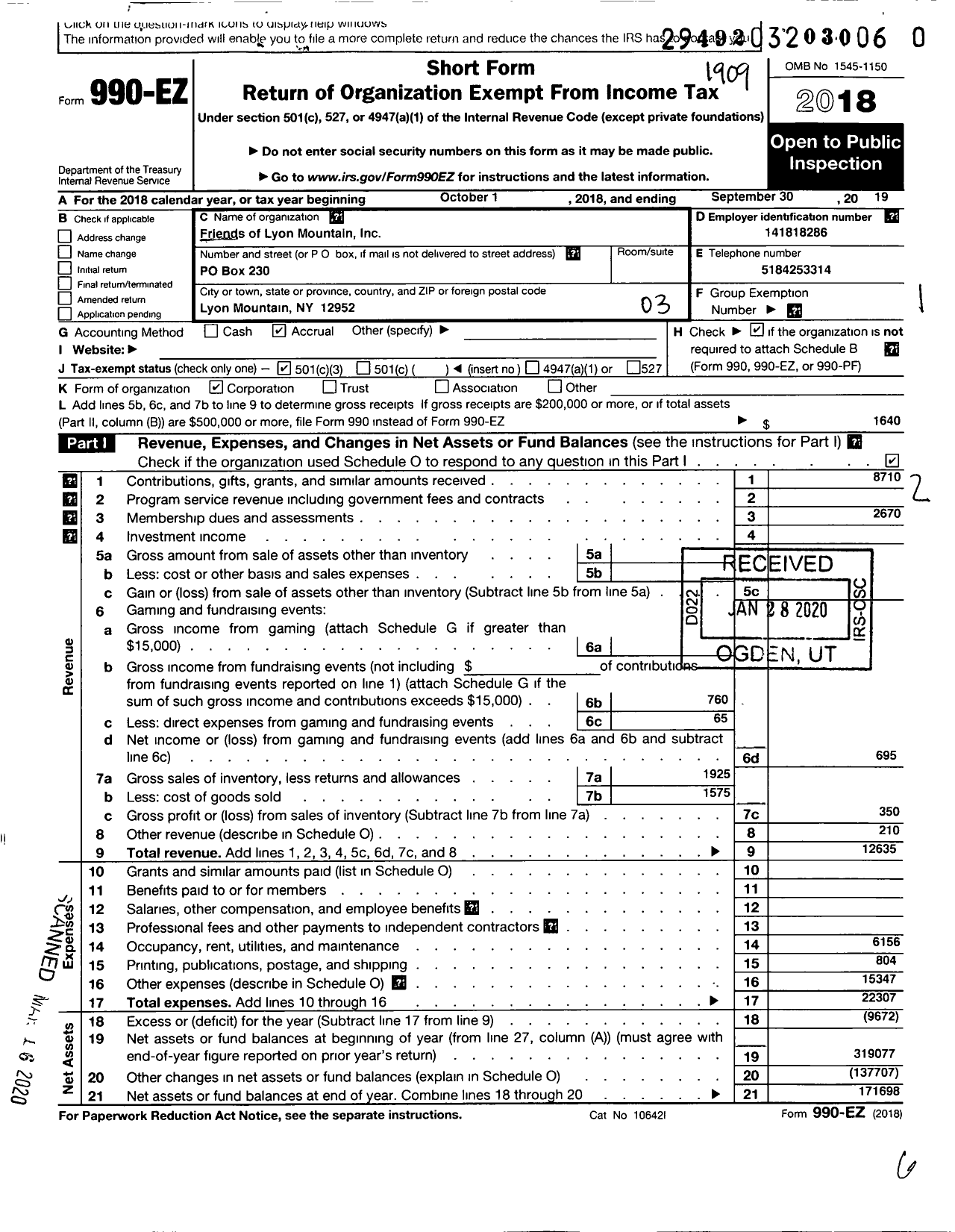 Image of first page of 2018 Form 990EZ for Friends of Lyon Mountain