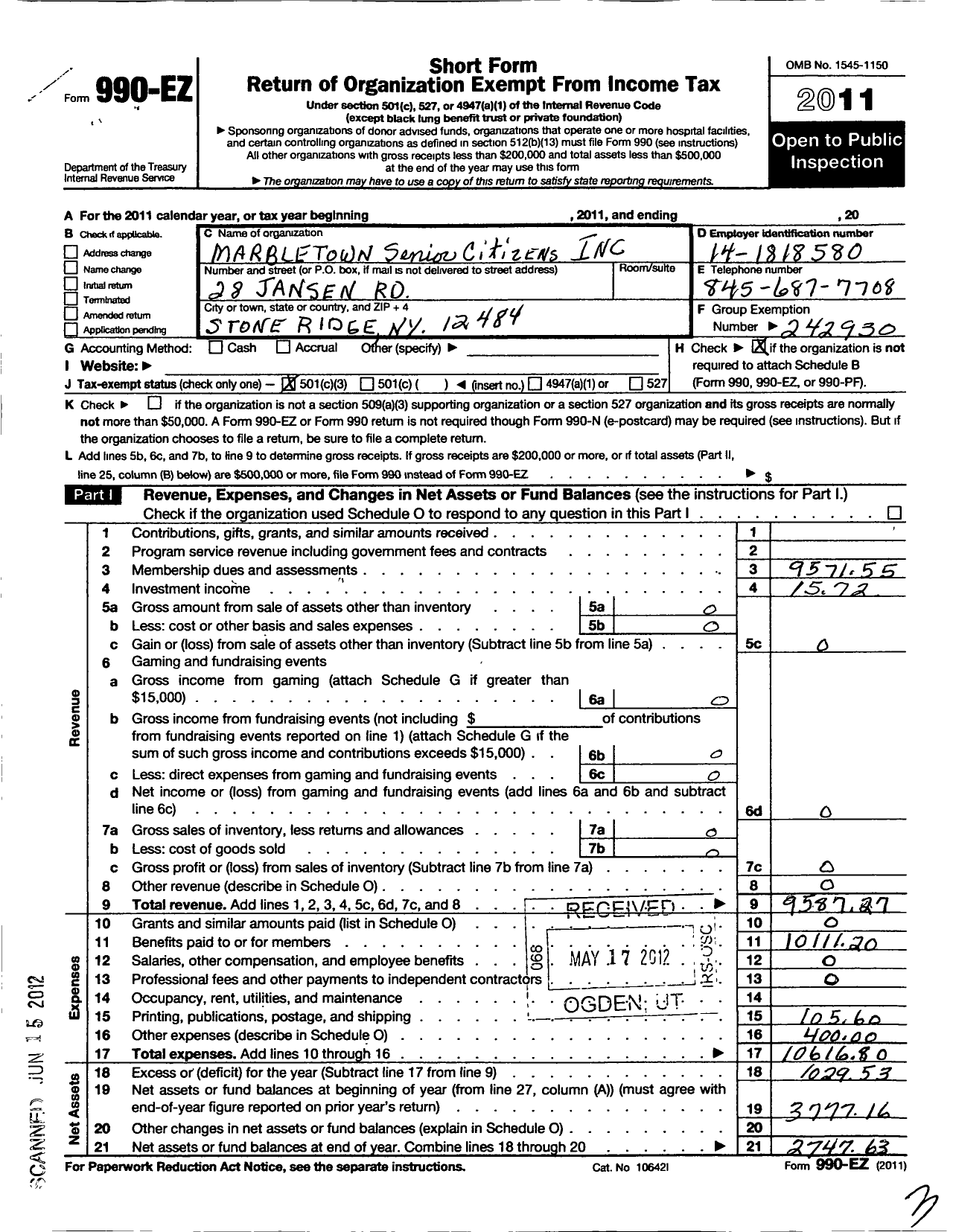 Image of first page of 2011 Form 990EZ for Marbletown Senior Citizens