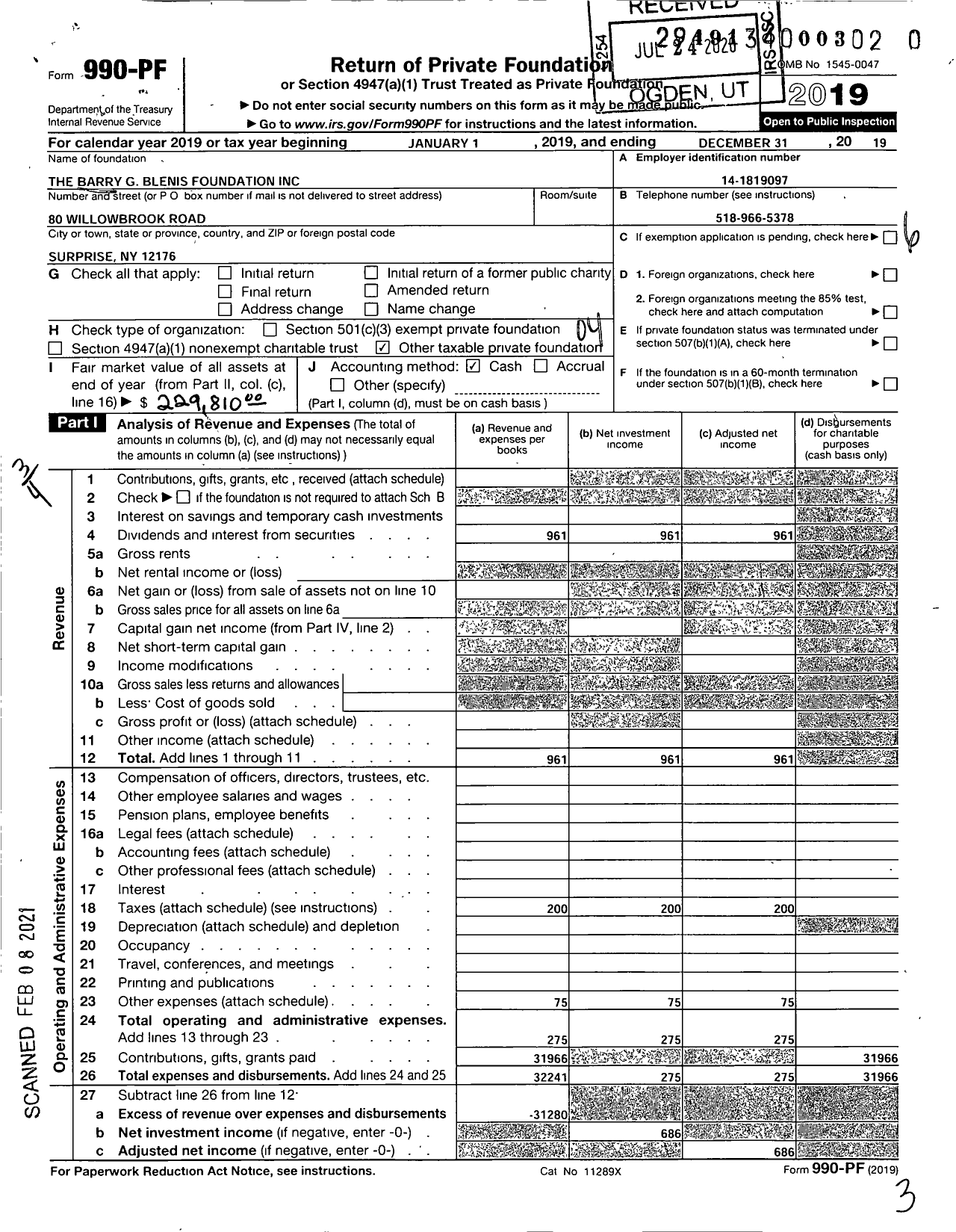 Image of first page of 2019 Form 990PF for The Barry G Blenis Foundation