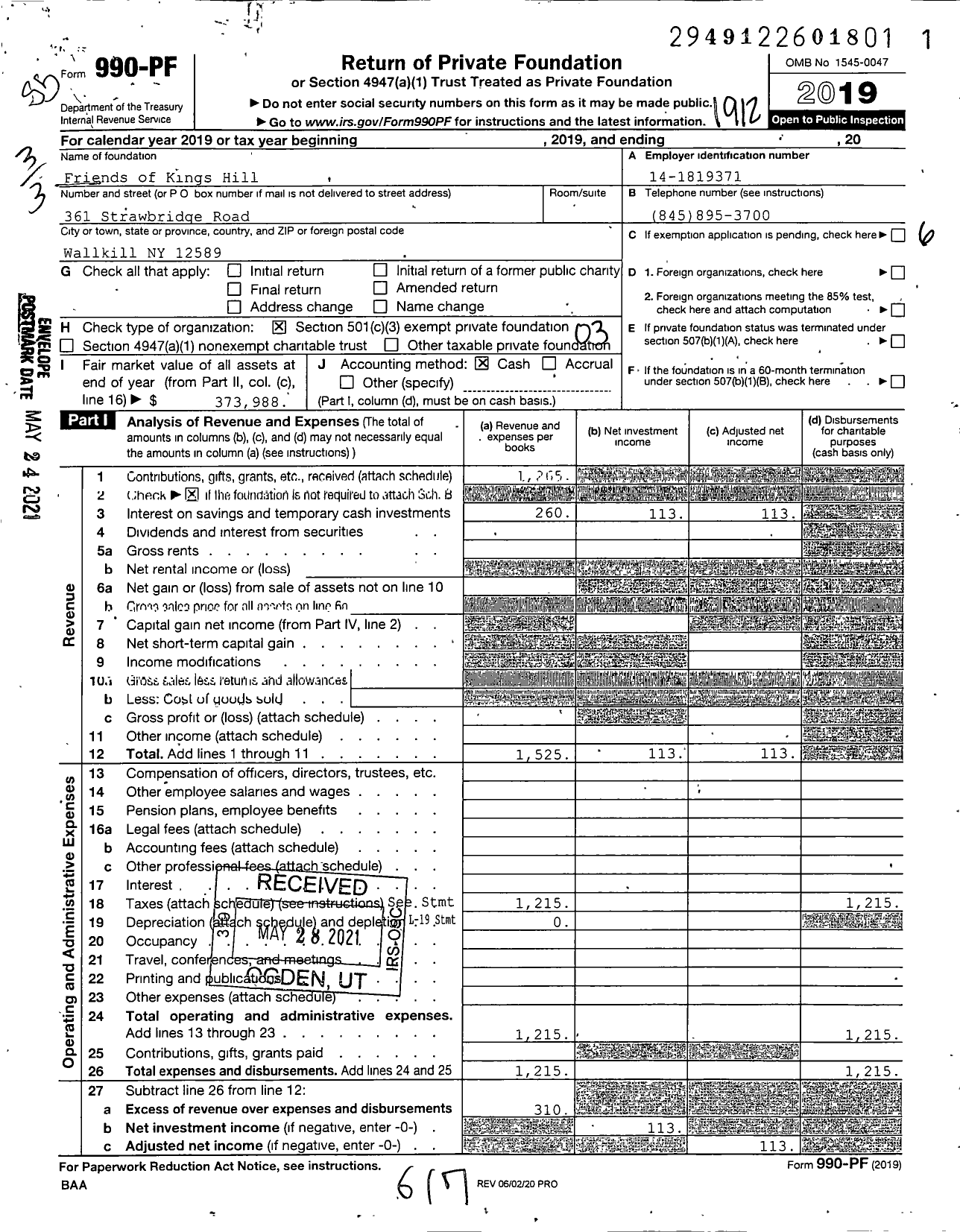 Image of first page of 2019 Form 990PF for Friends of Kings Hill