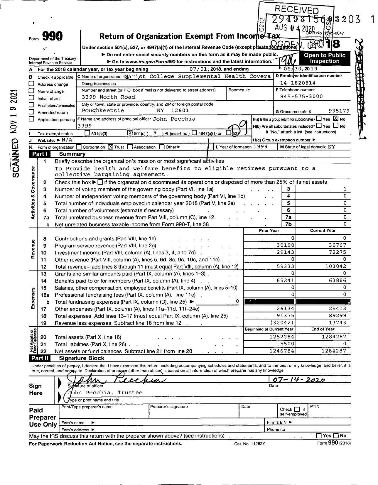 Image of first page of 2018 Form 990O for Marist College Supplemental Health Coverage Plan