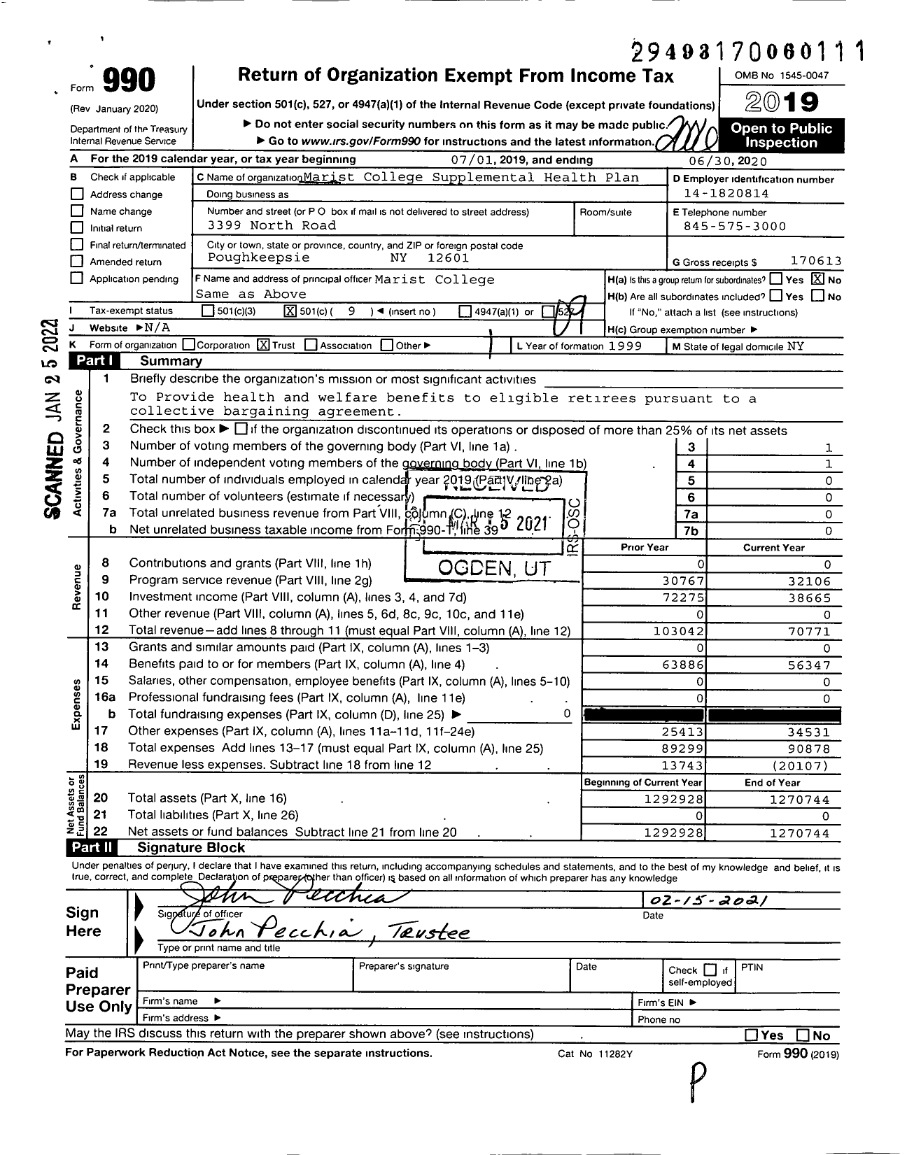 Image of first page of 2019 Form 990O for Marist College Supplemental Health Coverage Plan