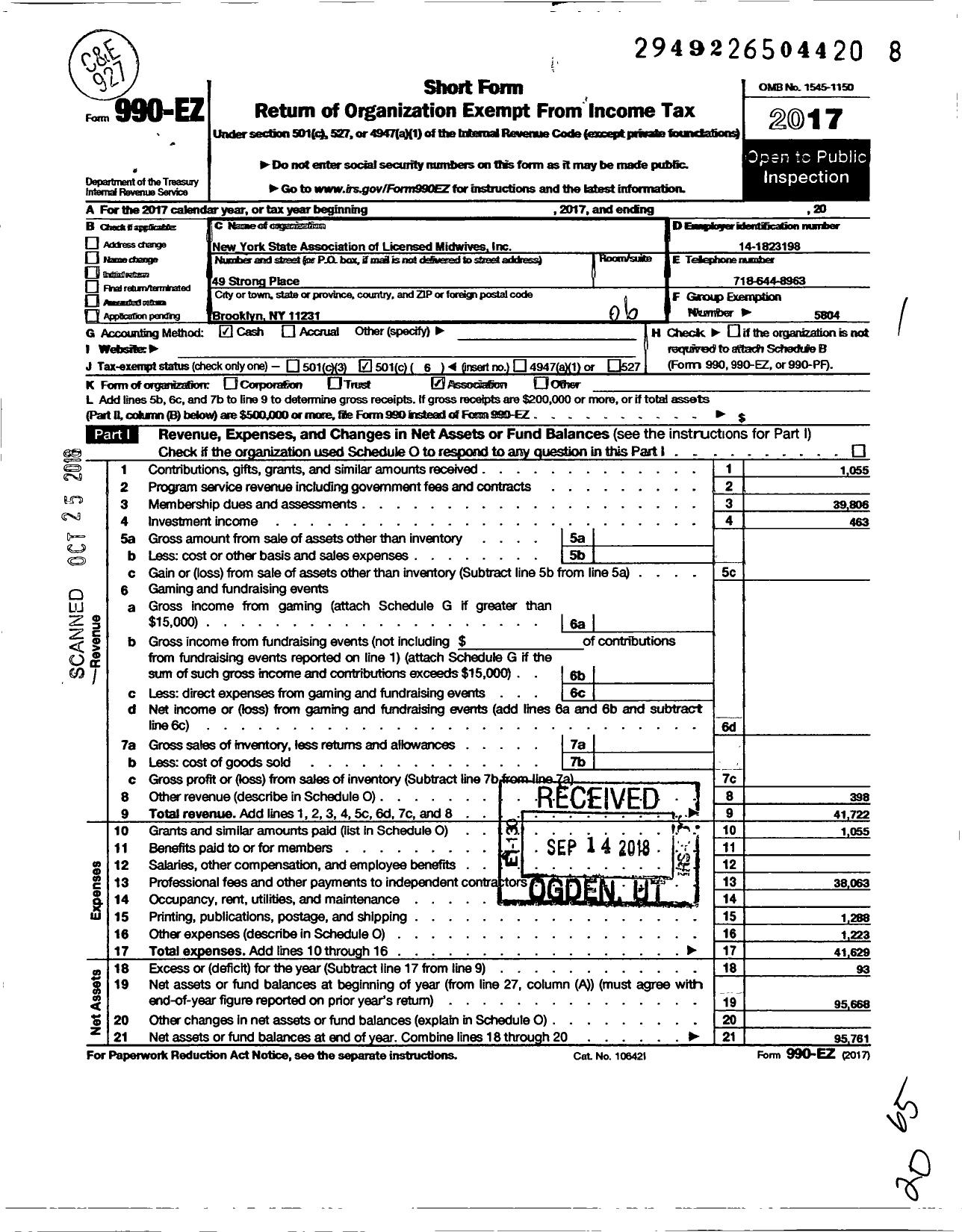 Image of first page of 2017 Form 990EO for New York State Association of Licensed Midwives