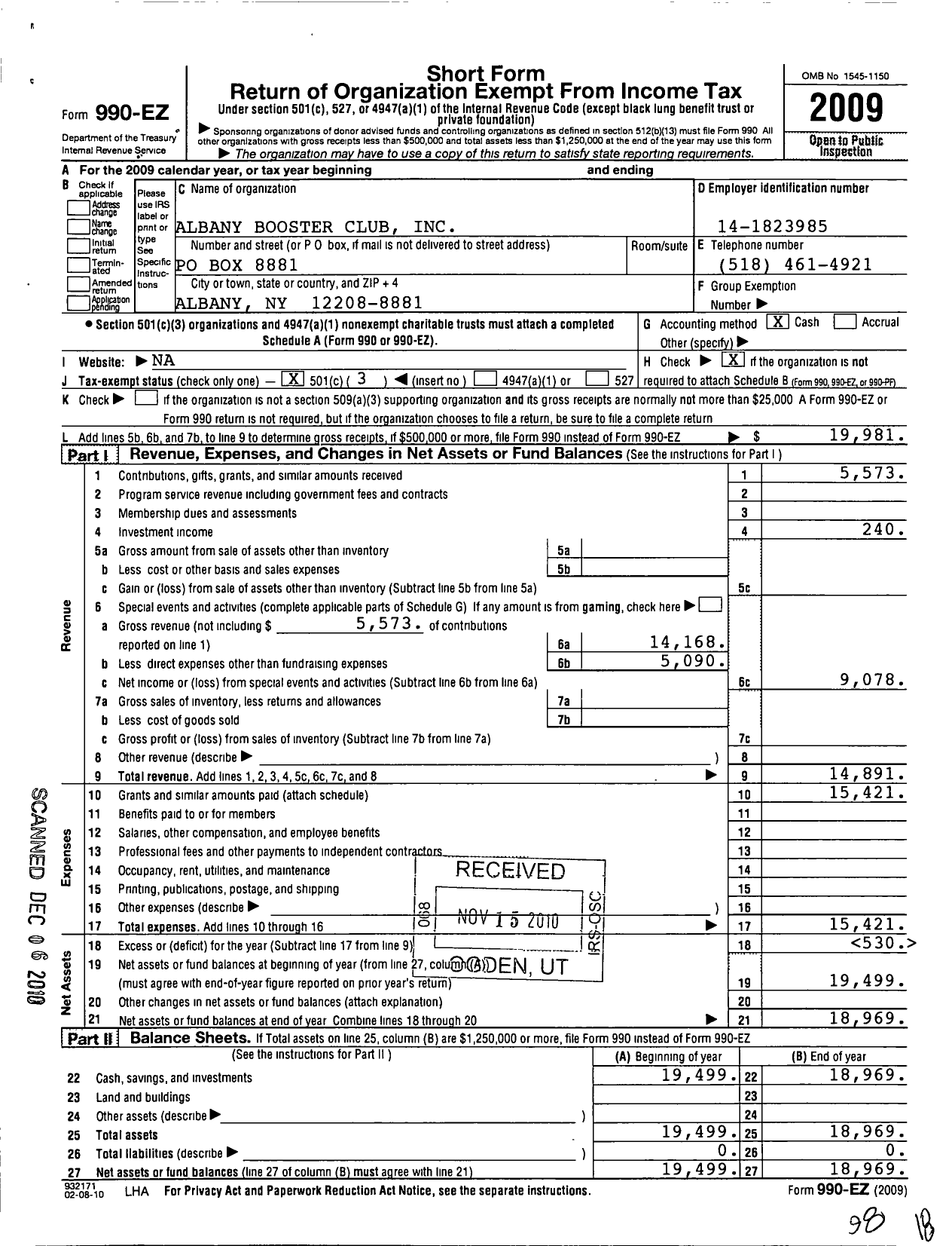 Image of first page of 2009 Form 990EZ for Albany Booster Club