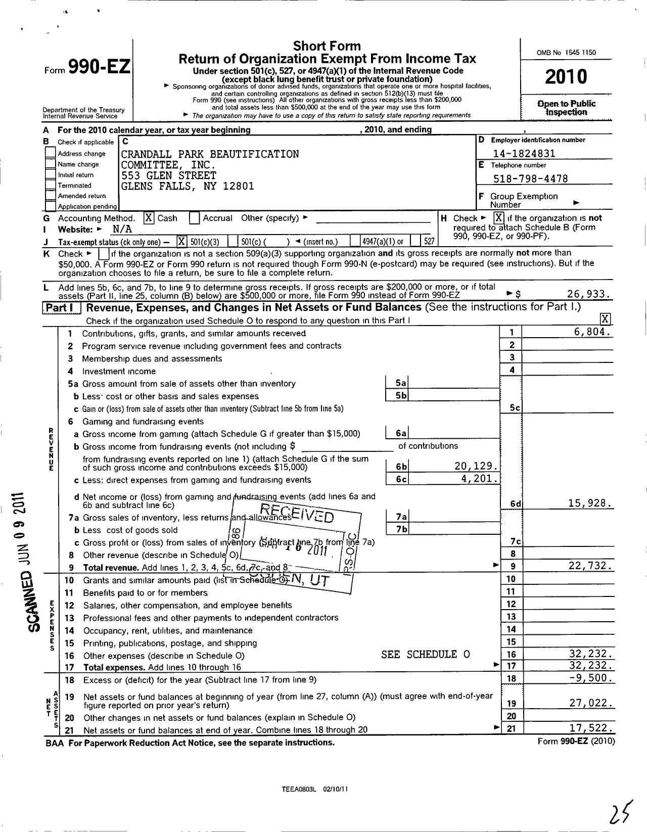 Image of first page of 2010 Form 990EZ for Crandall Park Beautification Committee