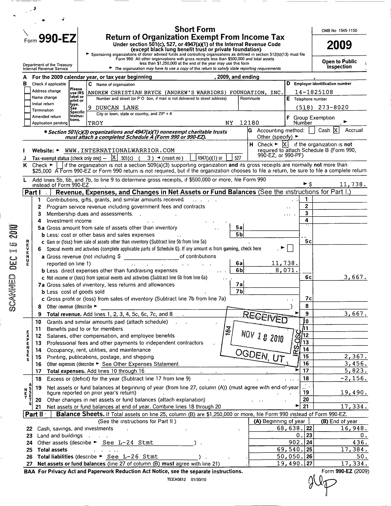 Image of first page of 2009 Form 990EZ for Andrew Christian Bryce