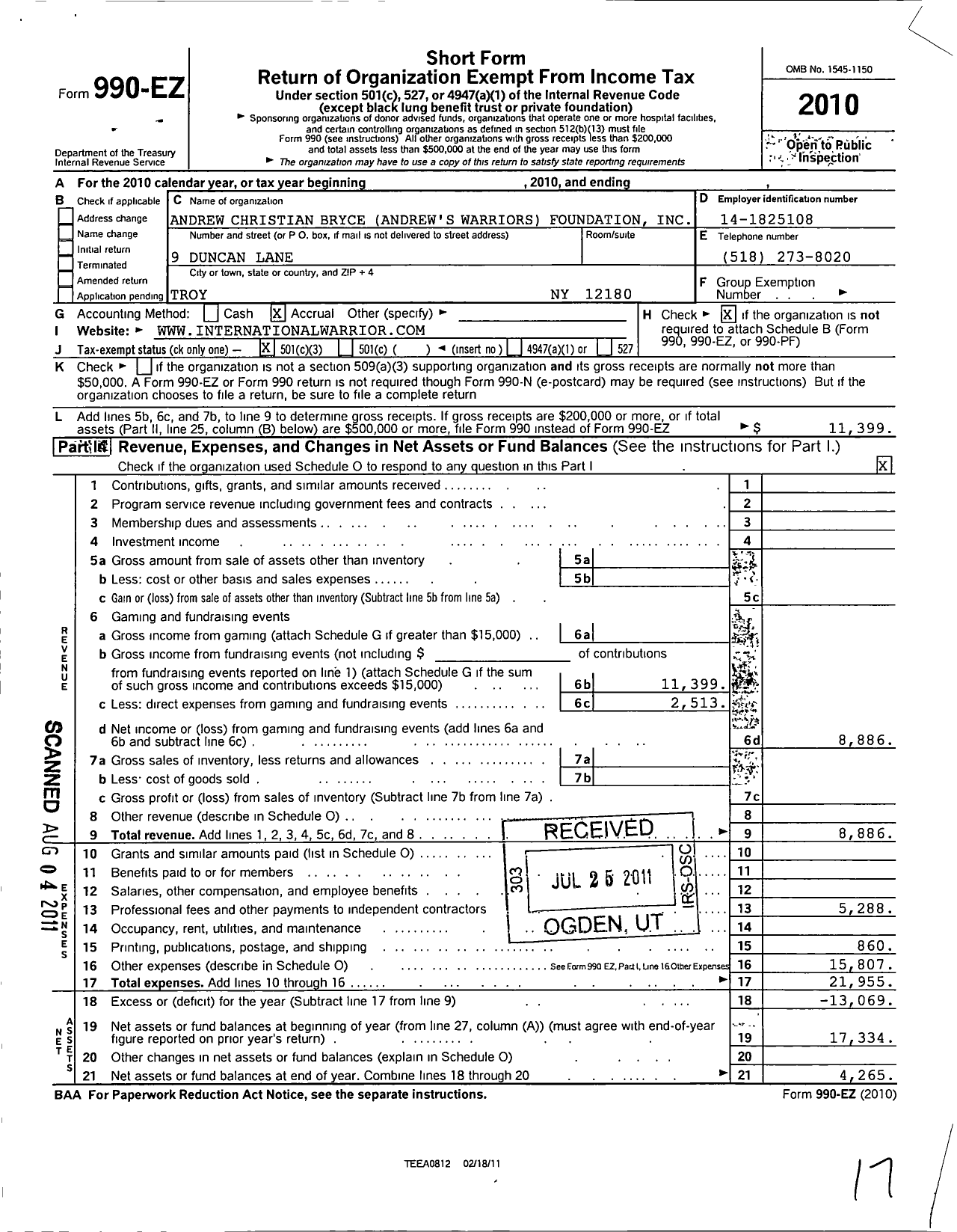 Image of first page of 2010 Form 990EZ for Andrew Christian Bryce