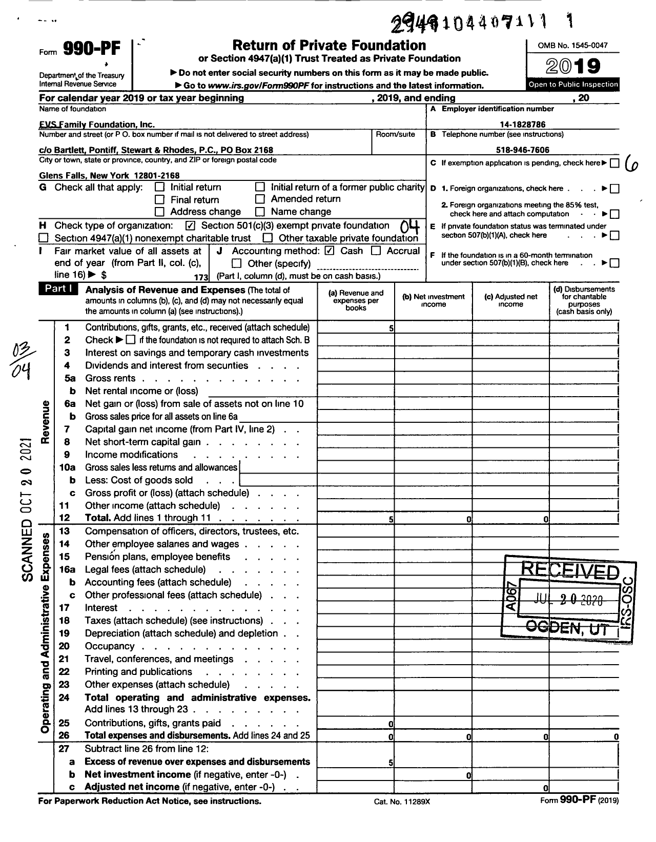 Image of first page of 2019 Form 990PF for Evs Family Foundation