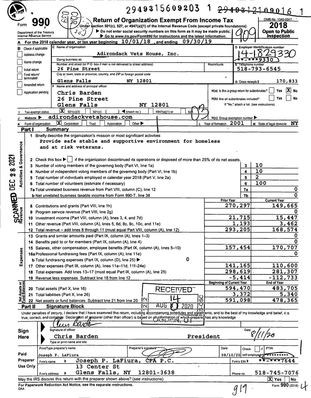 Image of first page of 2018 Form 990 for Adirondack Vets House