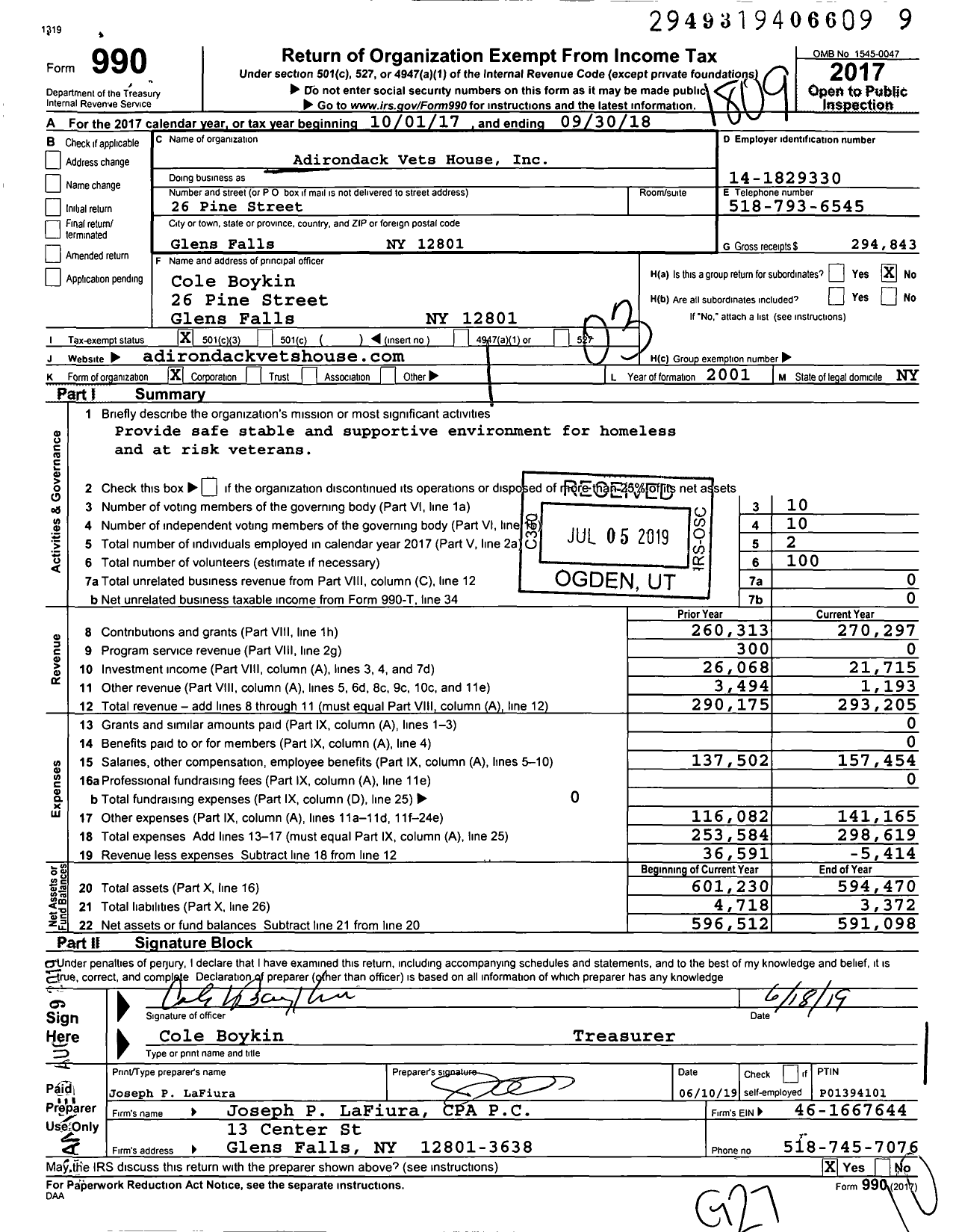 Image of first page of 2017 Form 990 for Adirondack Vets House