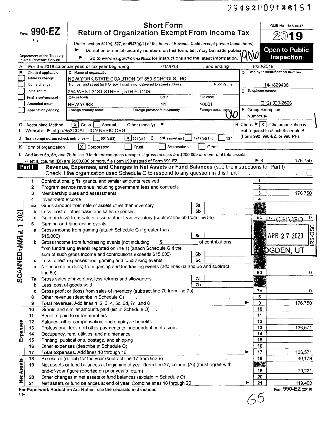 Image of first page of 2018 Form 990EO for New York State Coalition of 853 Schools