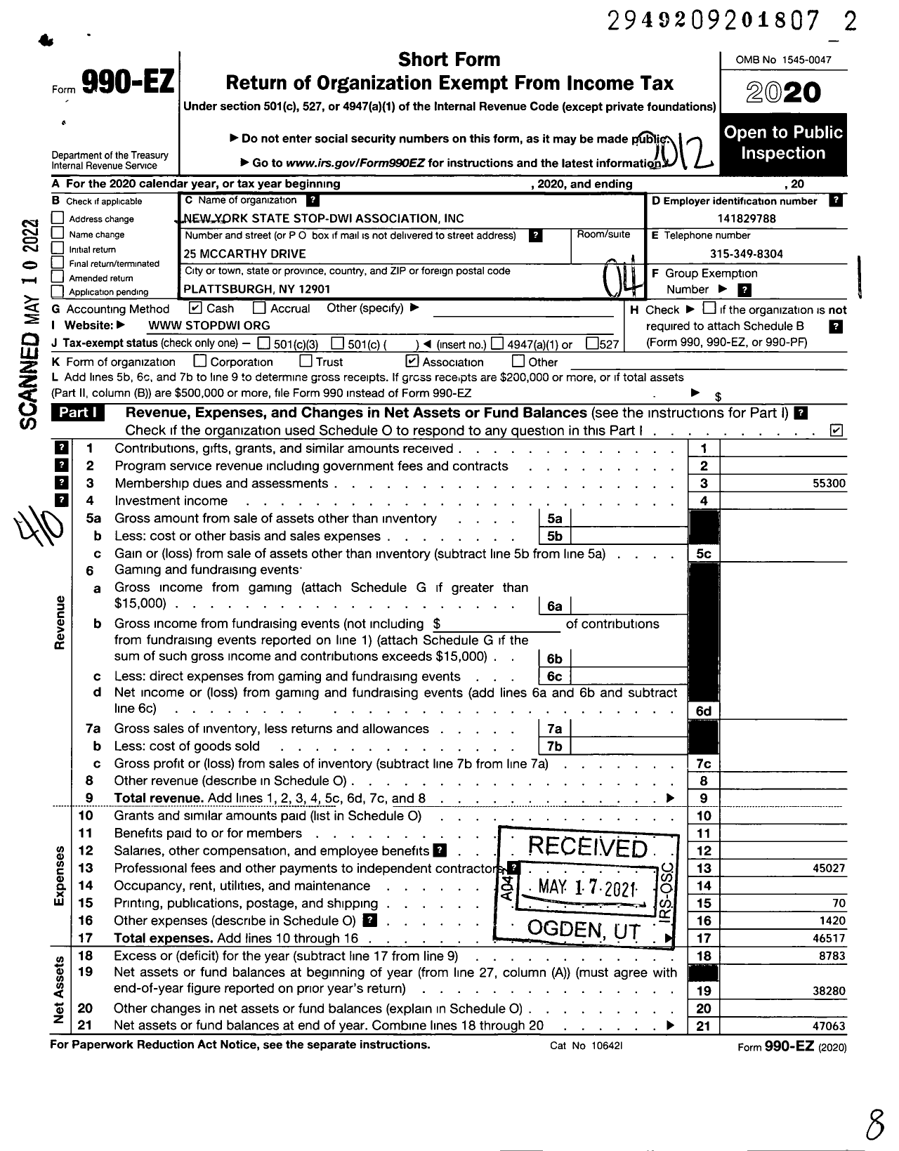 Image of first page of 2020 Form 990EO for New York State Stop-Dwi Association