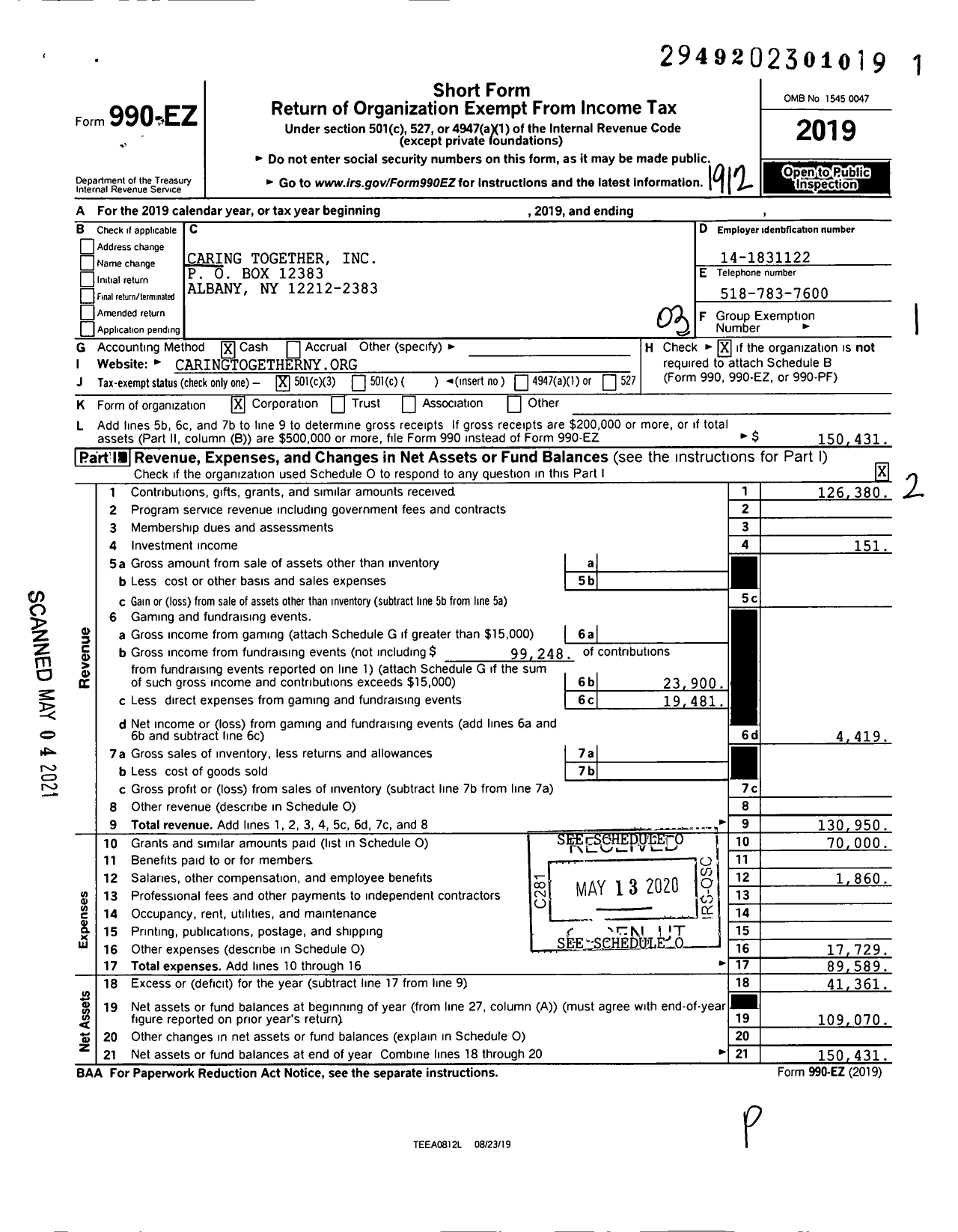 Image of first page of 2019 Form 990EZ for Caring Together