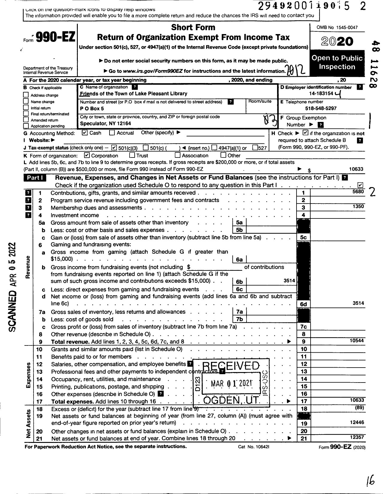 Image of first page of 2020 Form 990EZ for Friends of the Town of Lake Pleasant Library