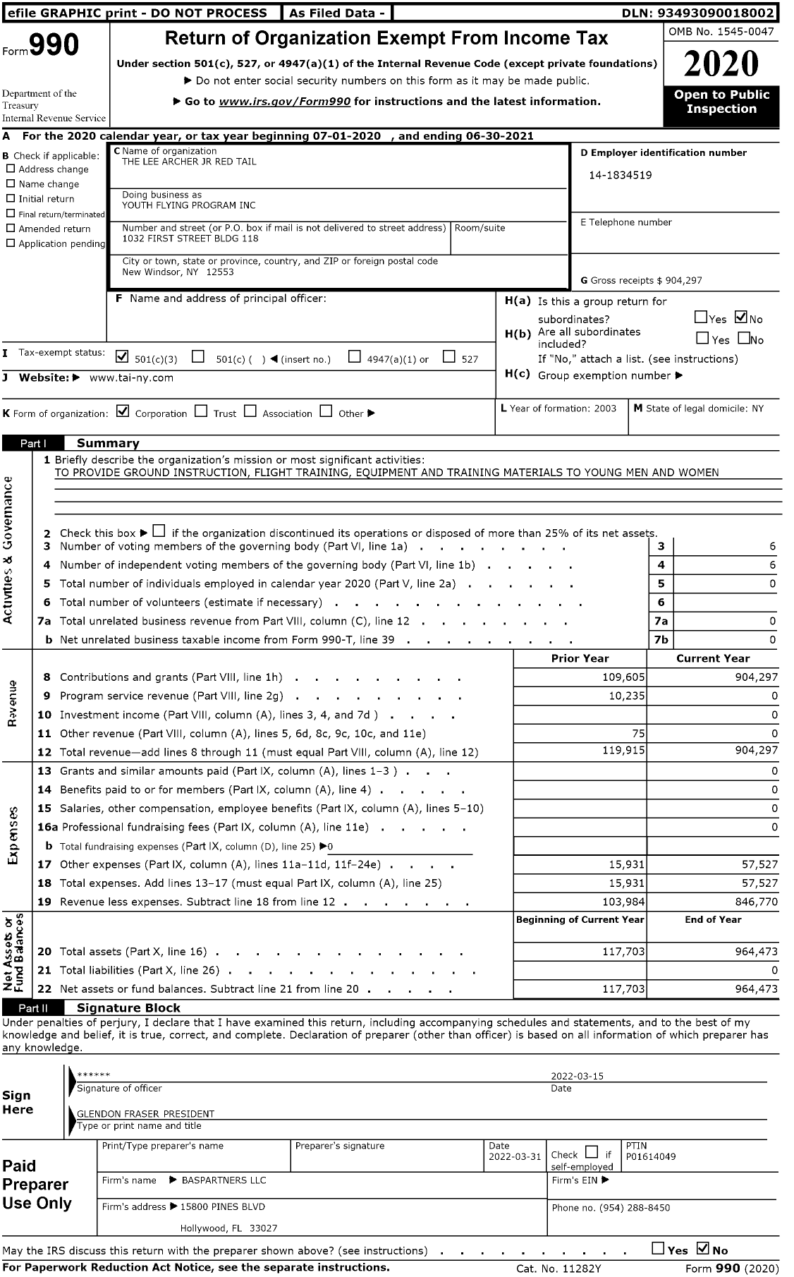 Image of first page of 2020 Form 990 for The Lee A Archer JR Red Tail Youth Flying Program