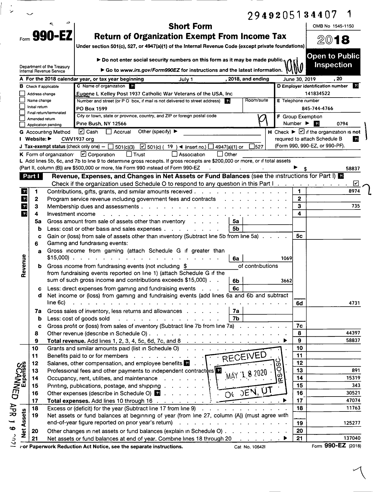 Image of first page of 2018 Form 990EO for Catholic War Veterans of the United States of America - 1937 Post-Cmr-Cwv