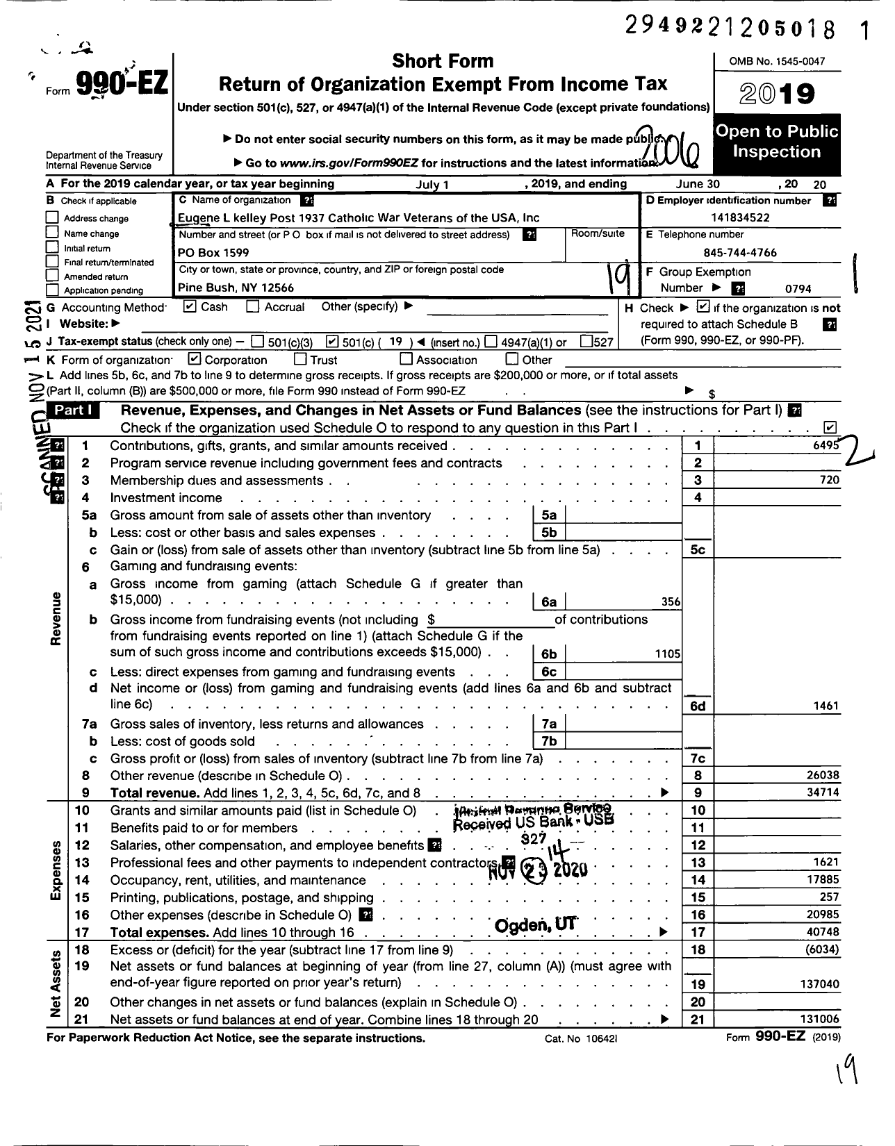 Image of first page of 2019 Form 990EO for Catholic War Veterans of the United States of America - 1937 Post-Cmr-Cwv