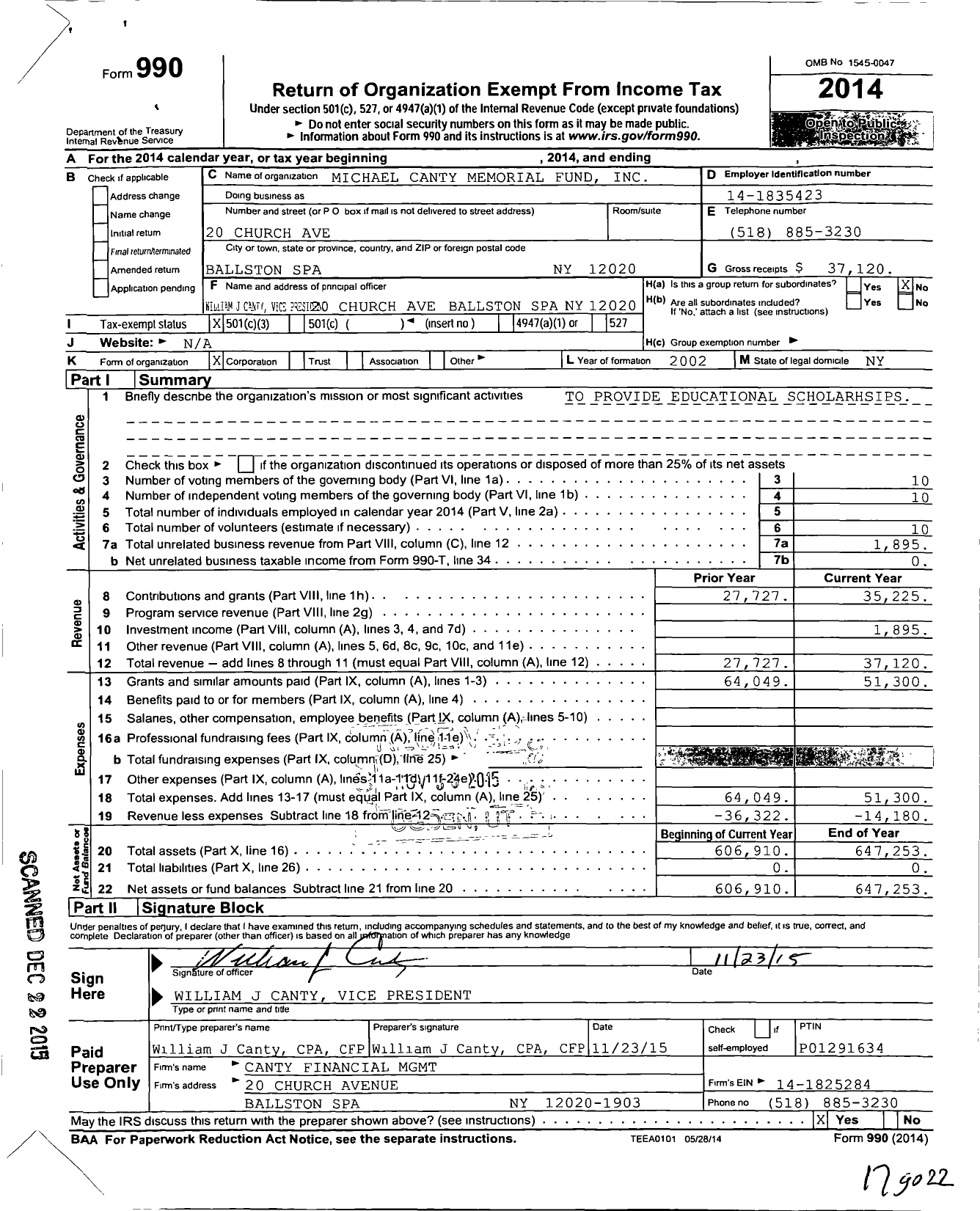 Image of first page of 2014 Form 990 for Michael Canty Memorial Fund