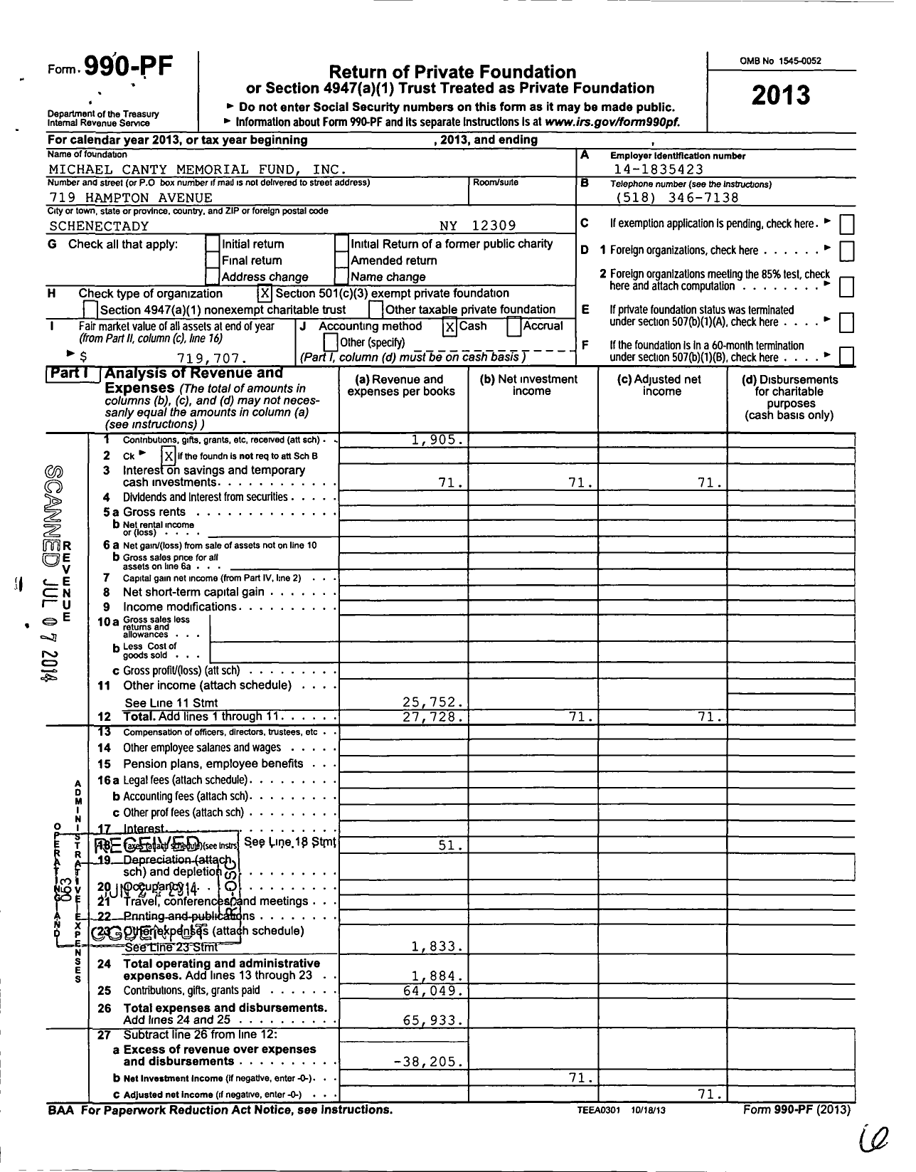 Image of first page of 2013 Form 990PF for Michael Canty Memorial Fund