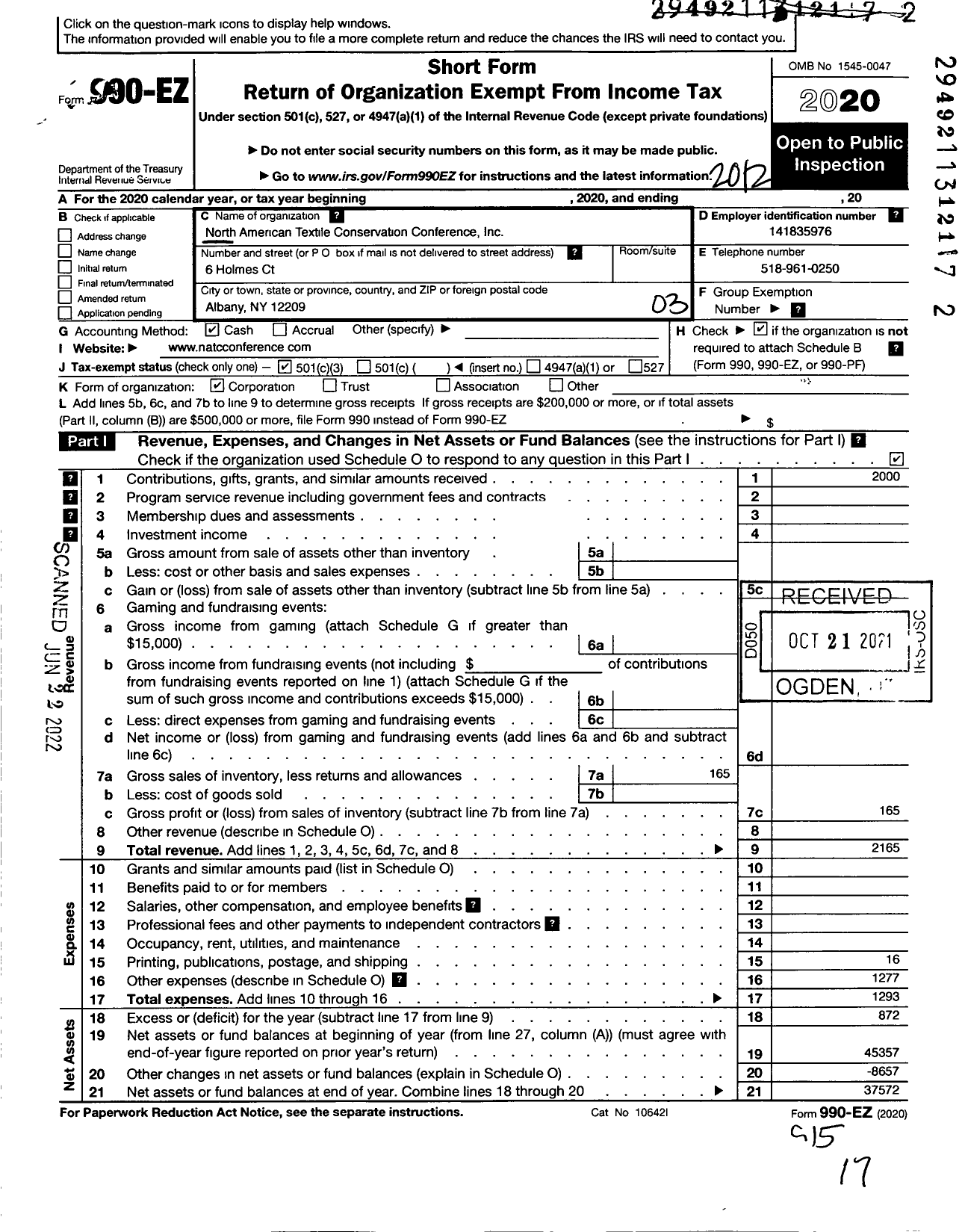 Image of first page of 2020 Form 990EZ for North American Textile Conservation Conference