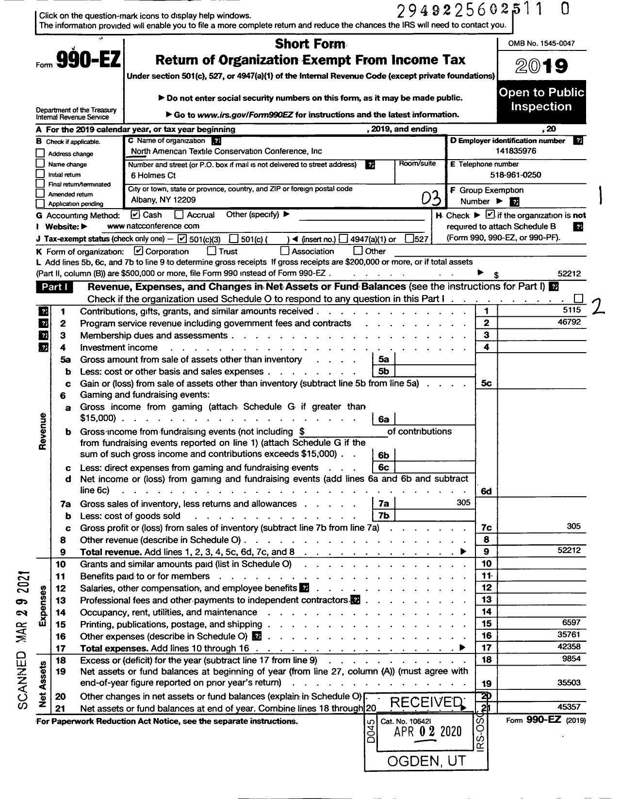 Image of first page of 2019 Form 990EZ for North American Textile Conservation Conference