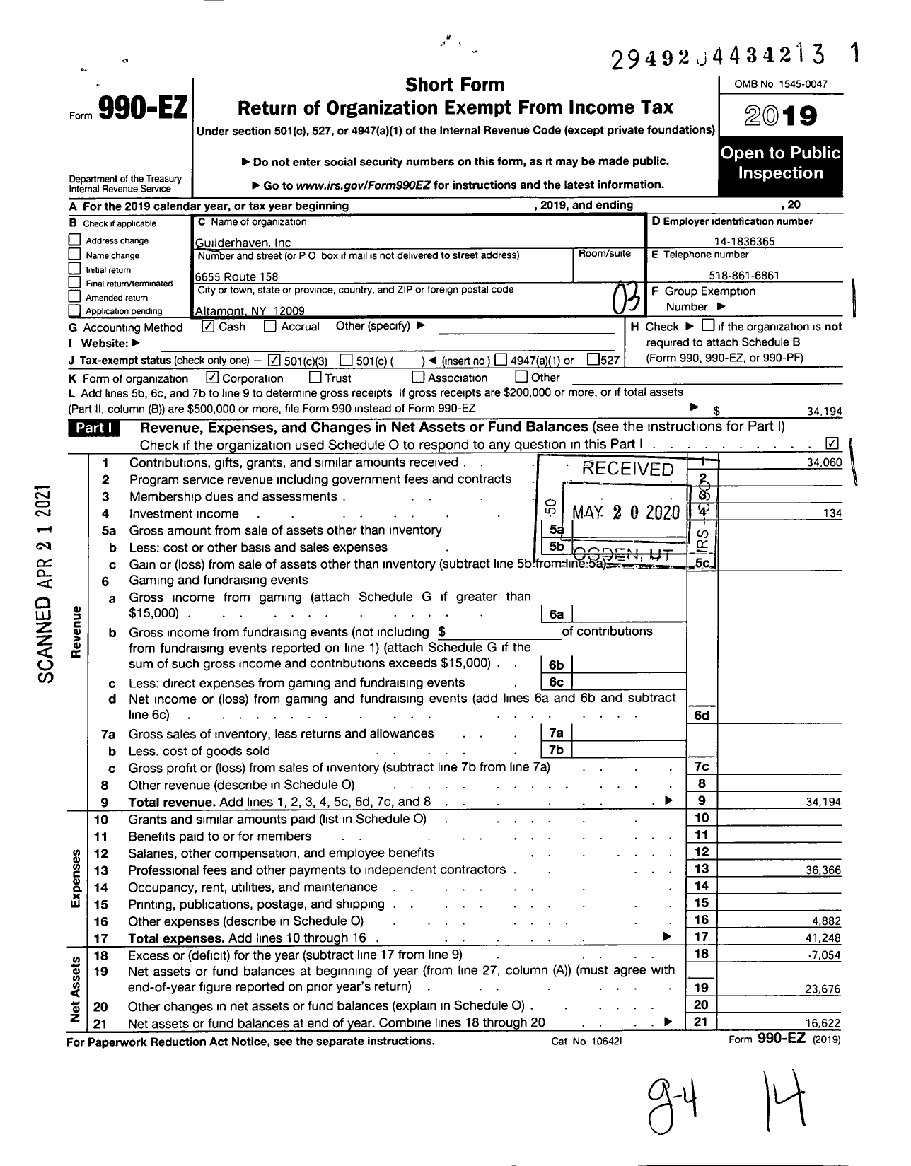 Image of first page of 2019 Form 990EZ for Guilderhaven