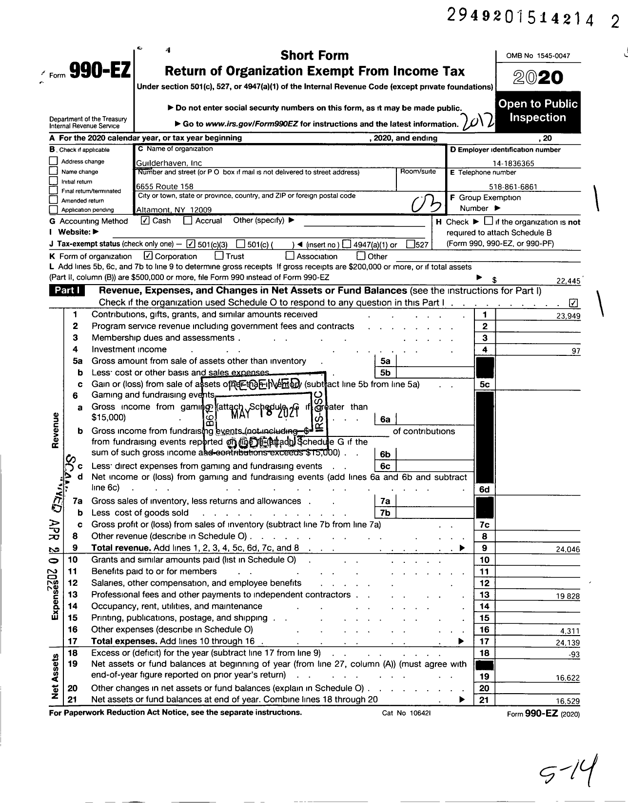 Image of first page of 2020 Form 990EZ for Guilderhaven