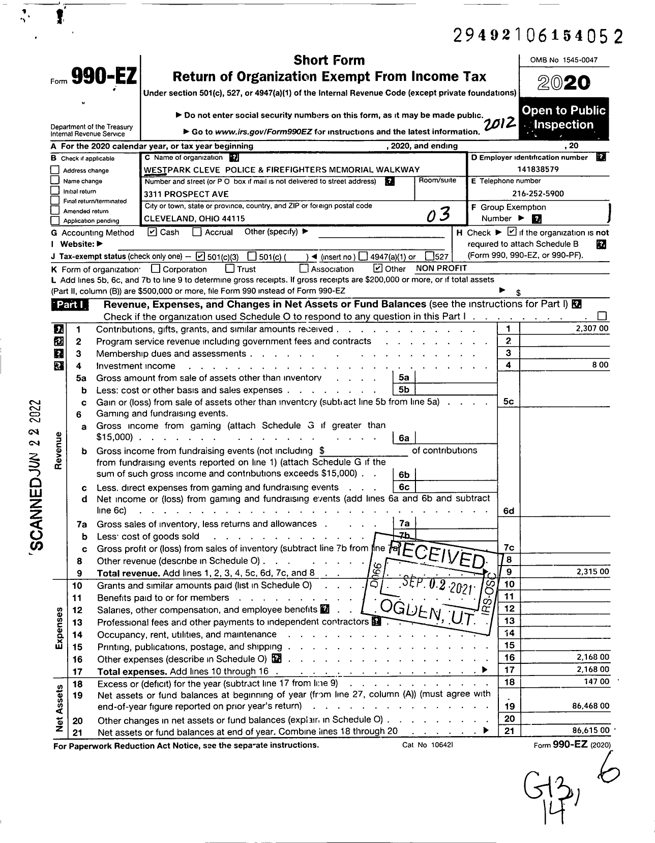 Image of first page of 2020 Form 990EZ for Westpark Cleve Police and Firefighters Memorial Walkway