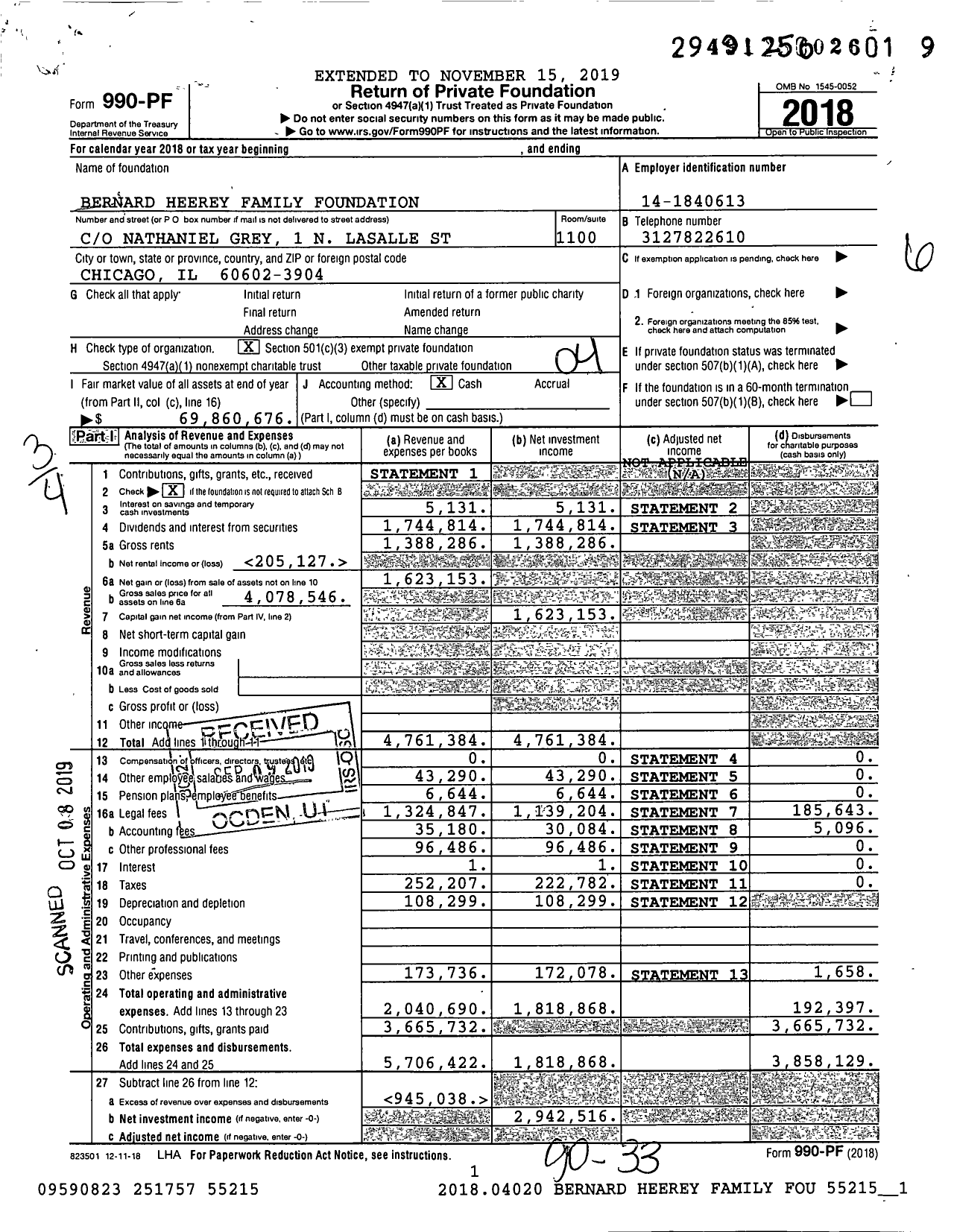 Image of first page of 2018 Form 990PF for Bernard Heerey Family Foundation