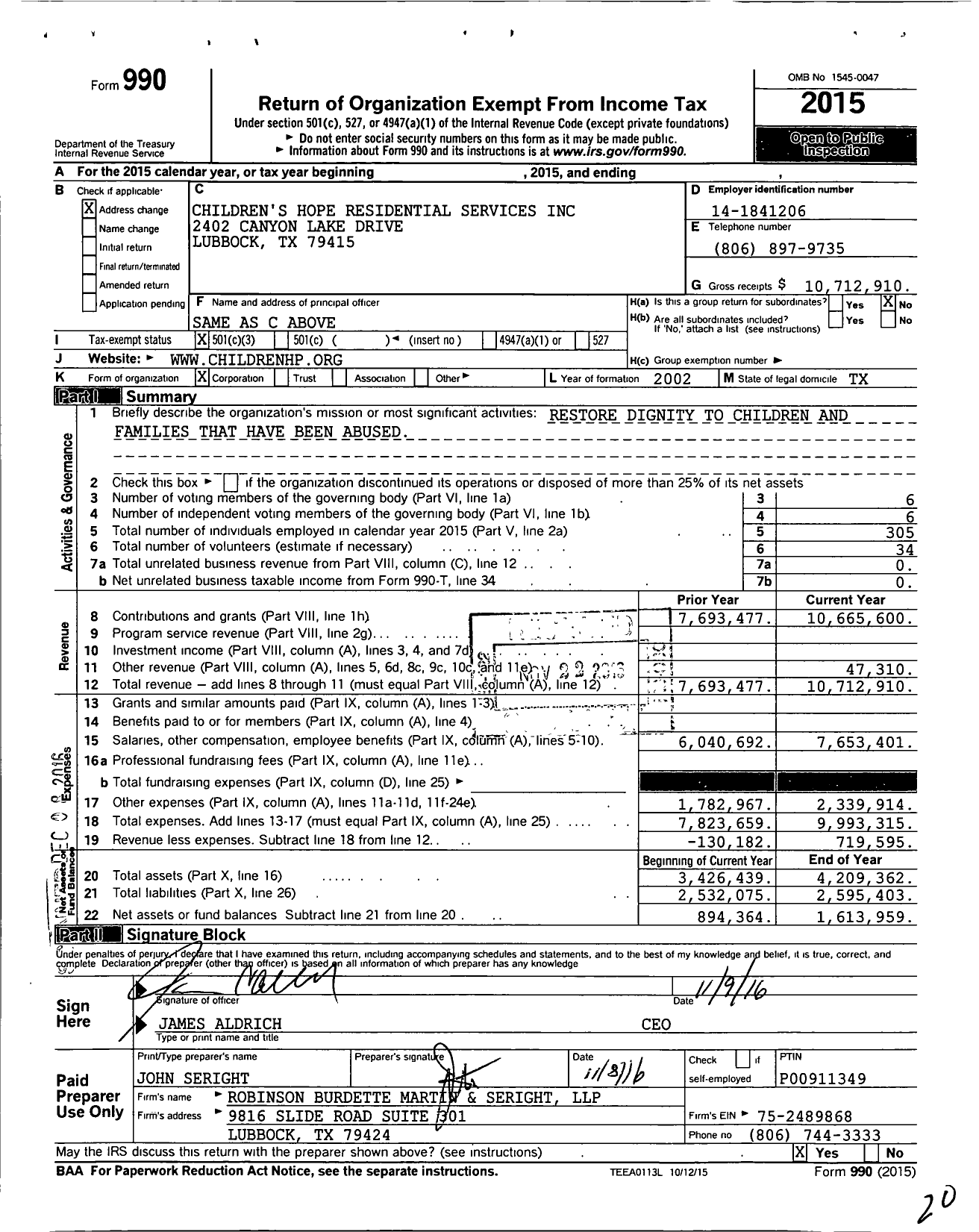 Image of first page of 2015 Form 990 for Children's Hope Residential Service