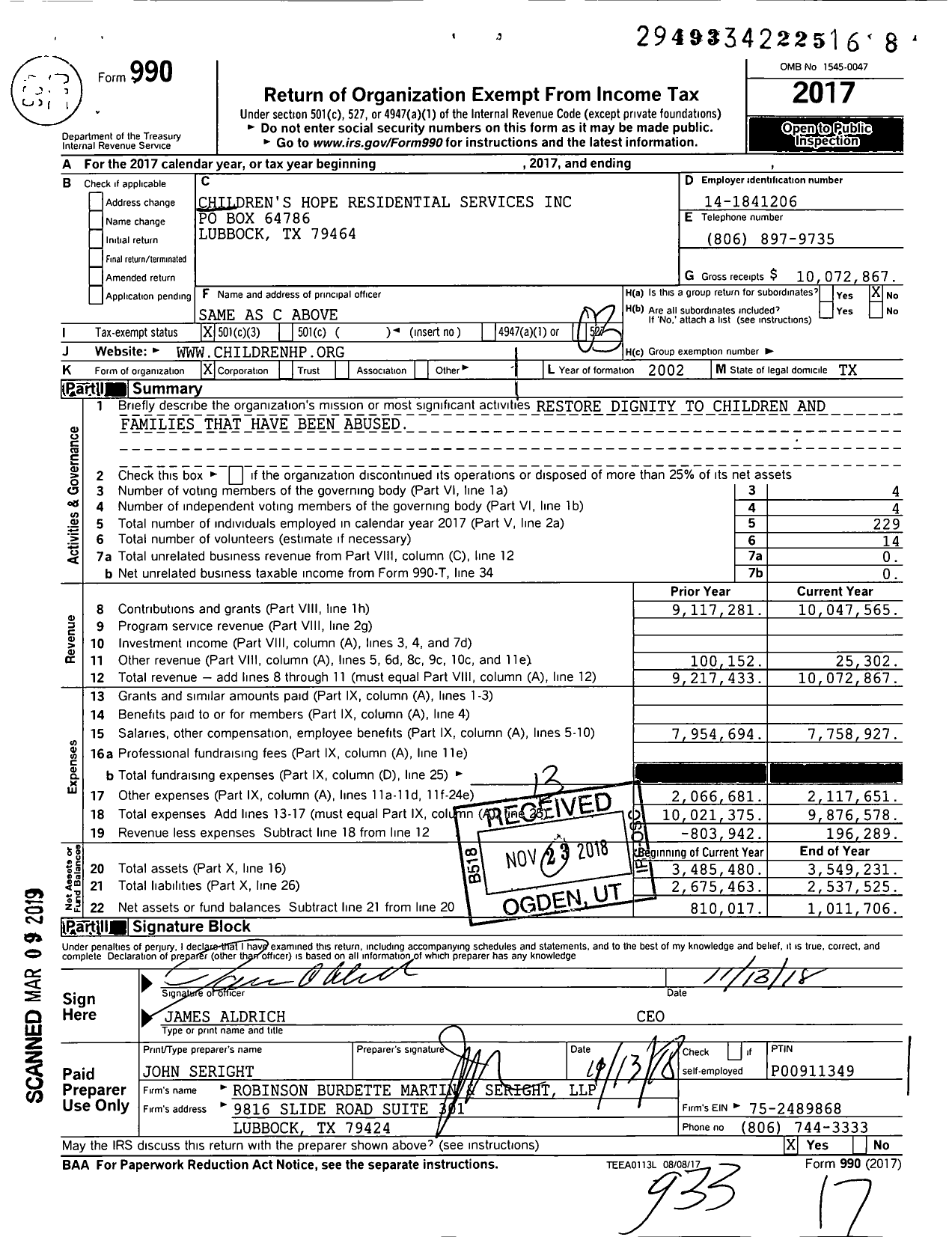 Image of first page of 2017 Form 990 for Children's Hope Residential Service